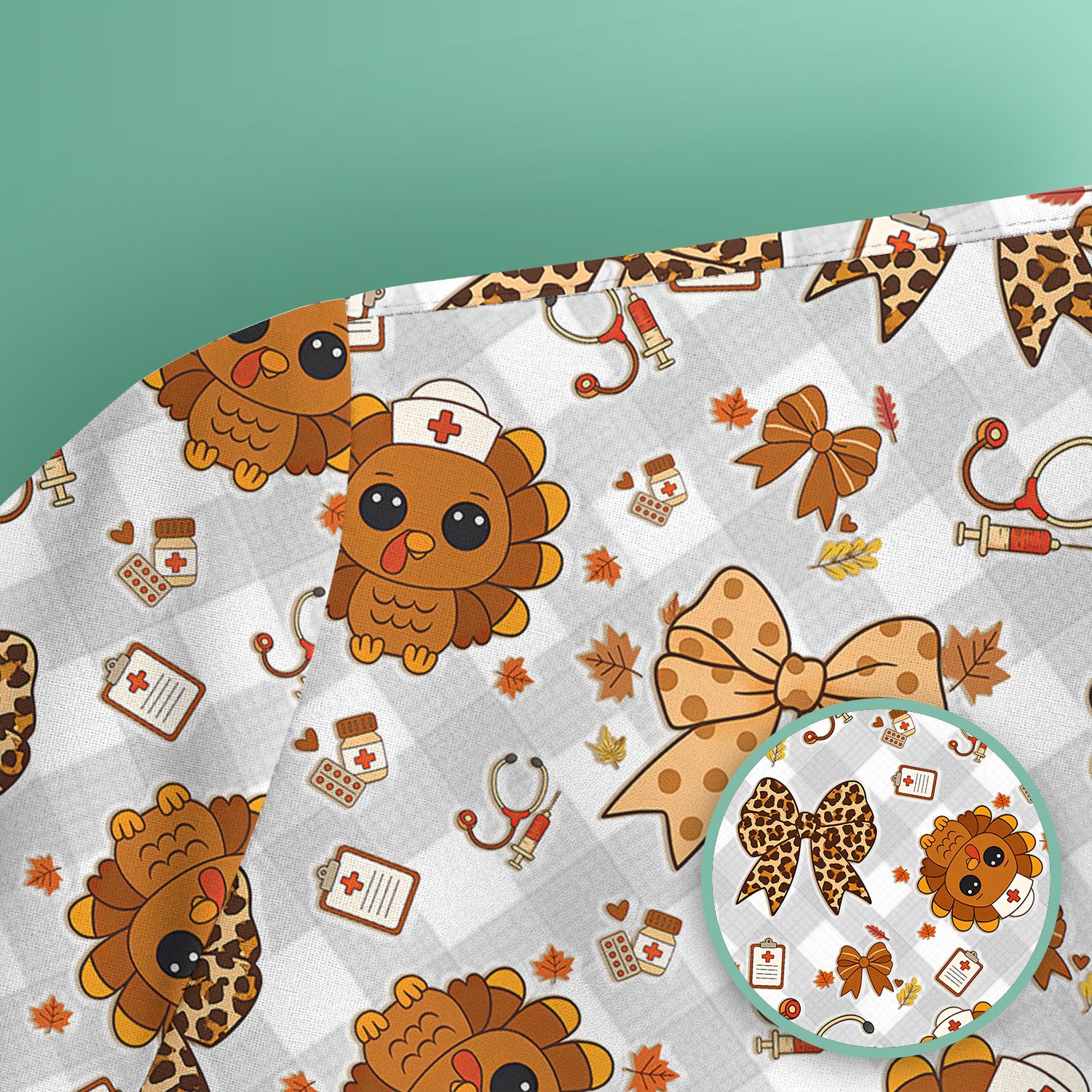 Thanksgiving Turkey Scrub Top for Nurses - Cute Fall Leaves and Bow Shirt - Funny Autumn Nursing Gift for Women RN LPN CNA