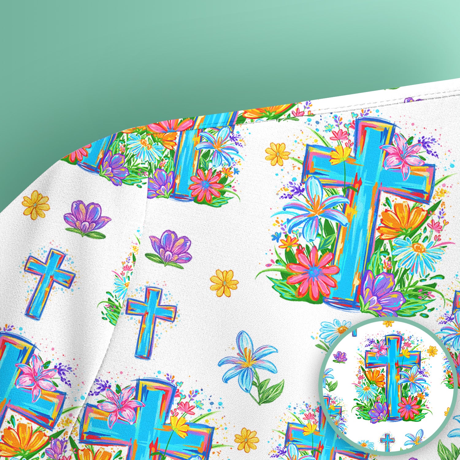 Christian Floral Cross Spring Pattern Scrub Top, Comfortable Scrubs for Nurses