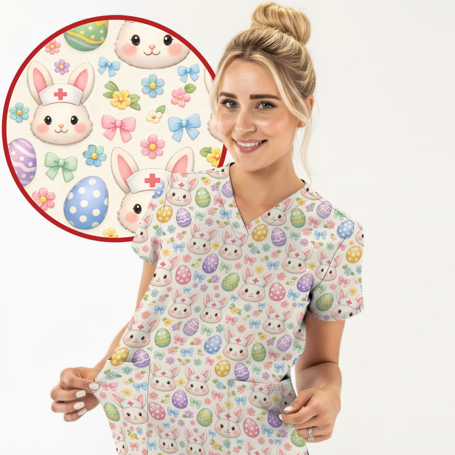 Cute Easter Nurse Bunny Egg Scrub Top, Breathable Fabrics Nursing Uniform