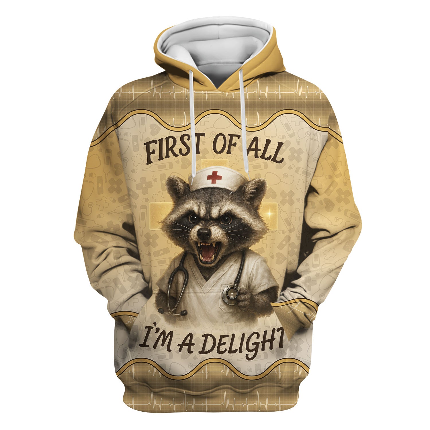 Funny Nurse Shirt with Raccoon - First Of All I'm A Delight - Personalized with Name - Cute Gift for RN CNA LPN Women in Healthcare