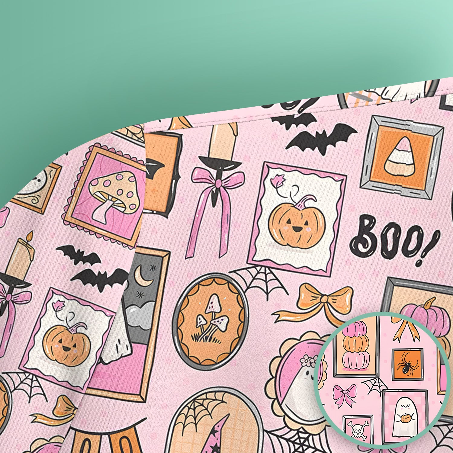 Pink Halloween Ghost Gallery Print Scrub Top, Comfortable Scrubs for Nurses