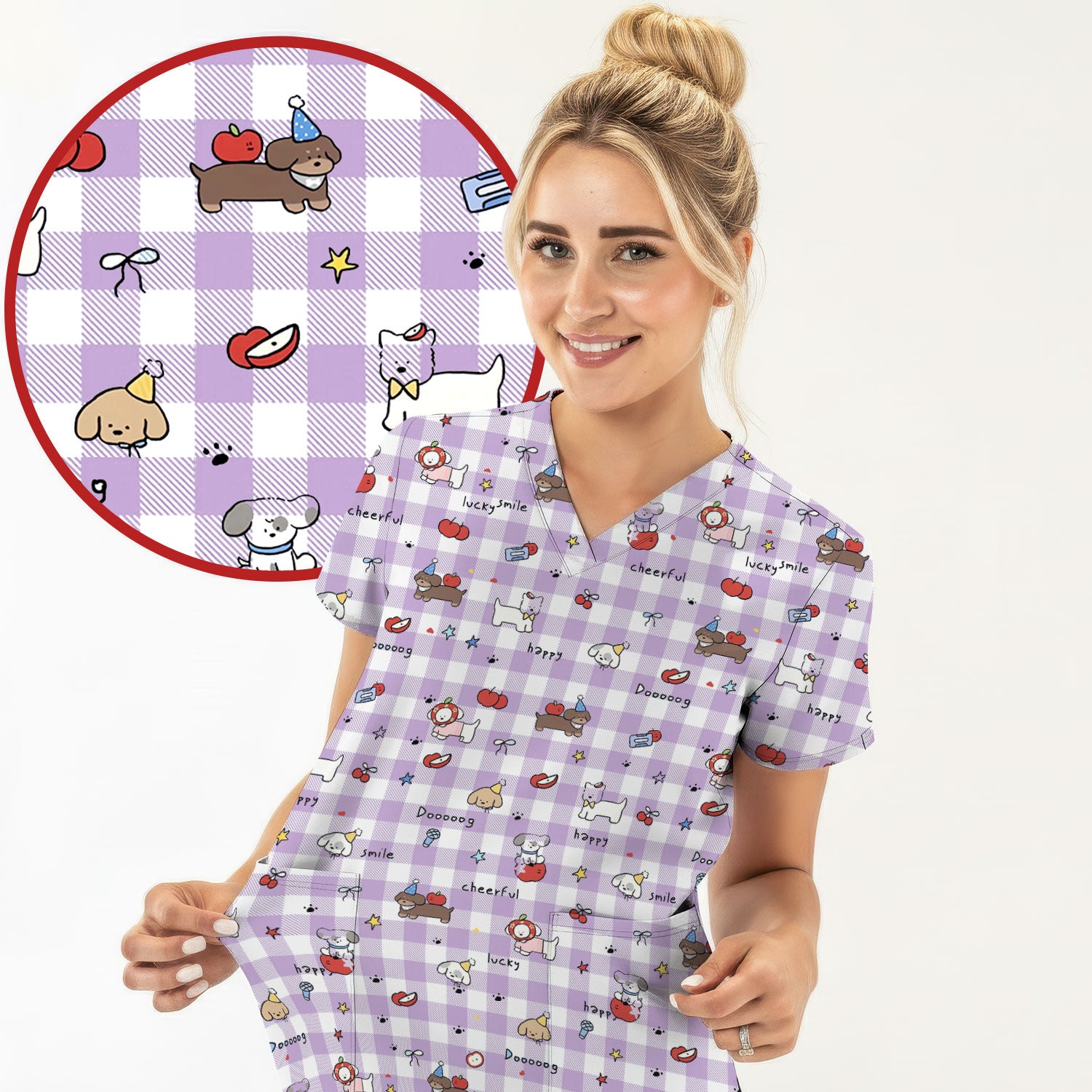 Cute Nurse Cartoon Puppy Apple Gingham Scrub Top, Breathable Fabrics Nursing Uniform