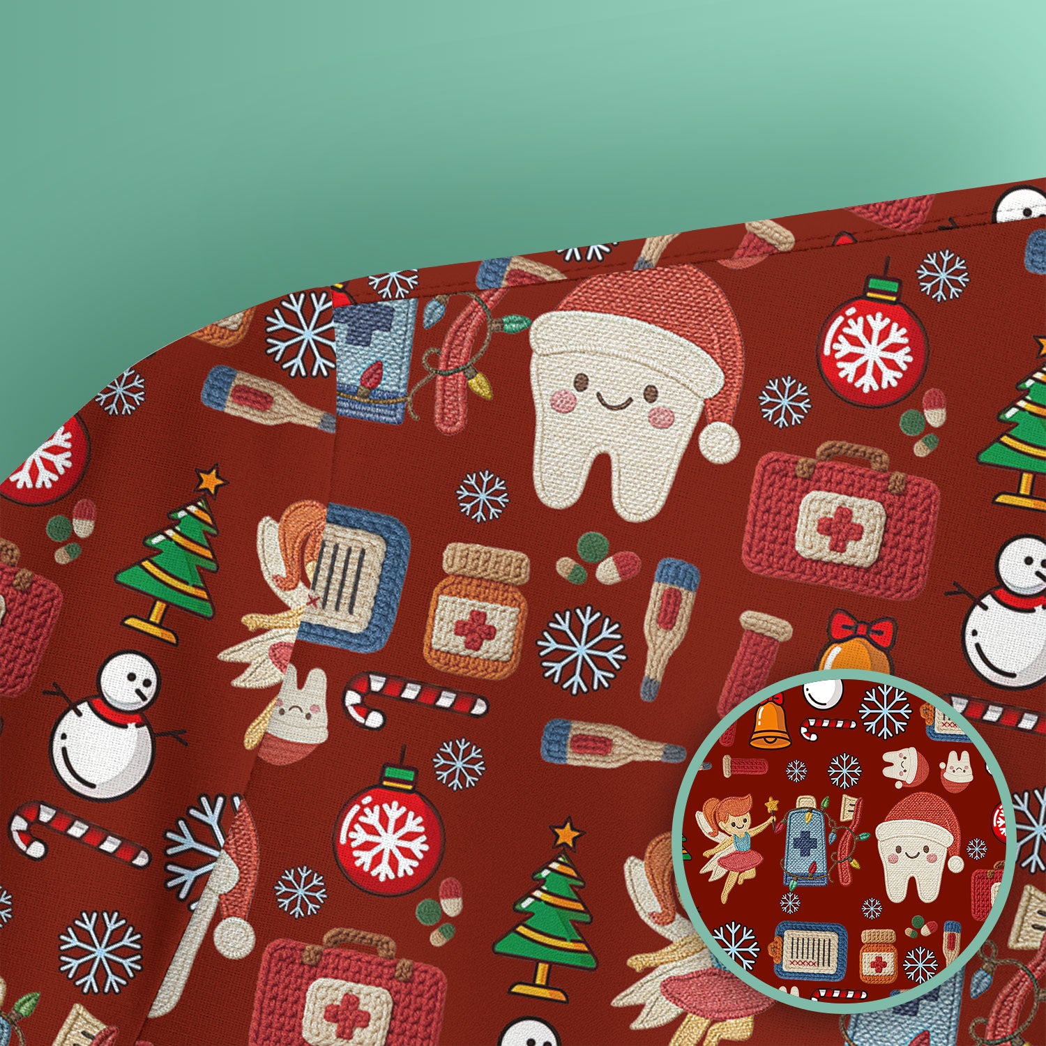 Christmas Dental Scrub Top - Cute Santa Tooth & Snowman Shirt - Festive Holiday Medical Uniform for Dentists, Hygienists & Nurses