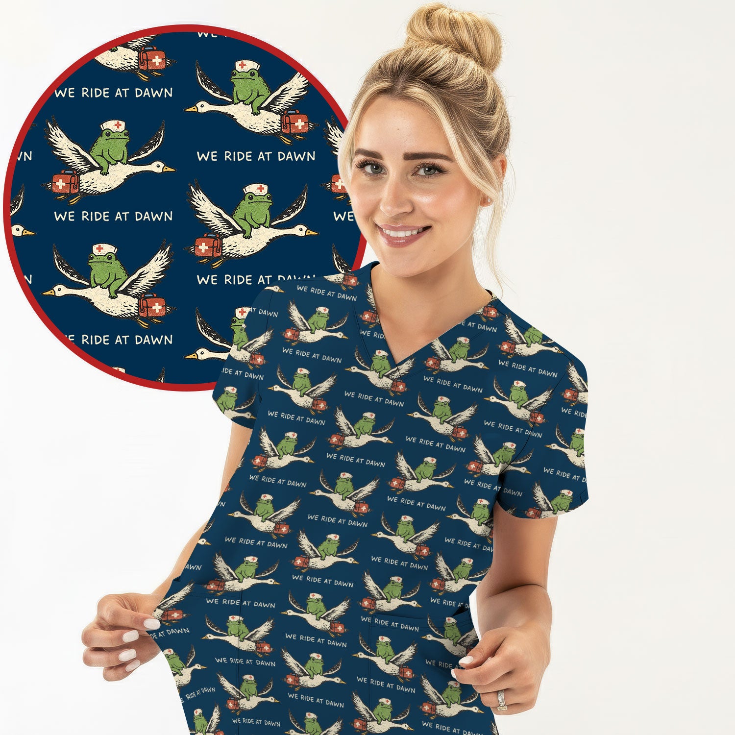 Funny Frog Riding Goose Nurse Pattern Scrub Top, Comfortable Scrubs for Nurses