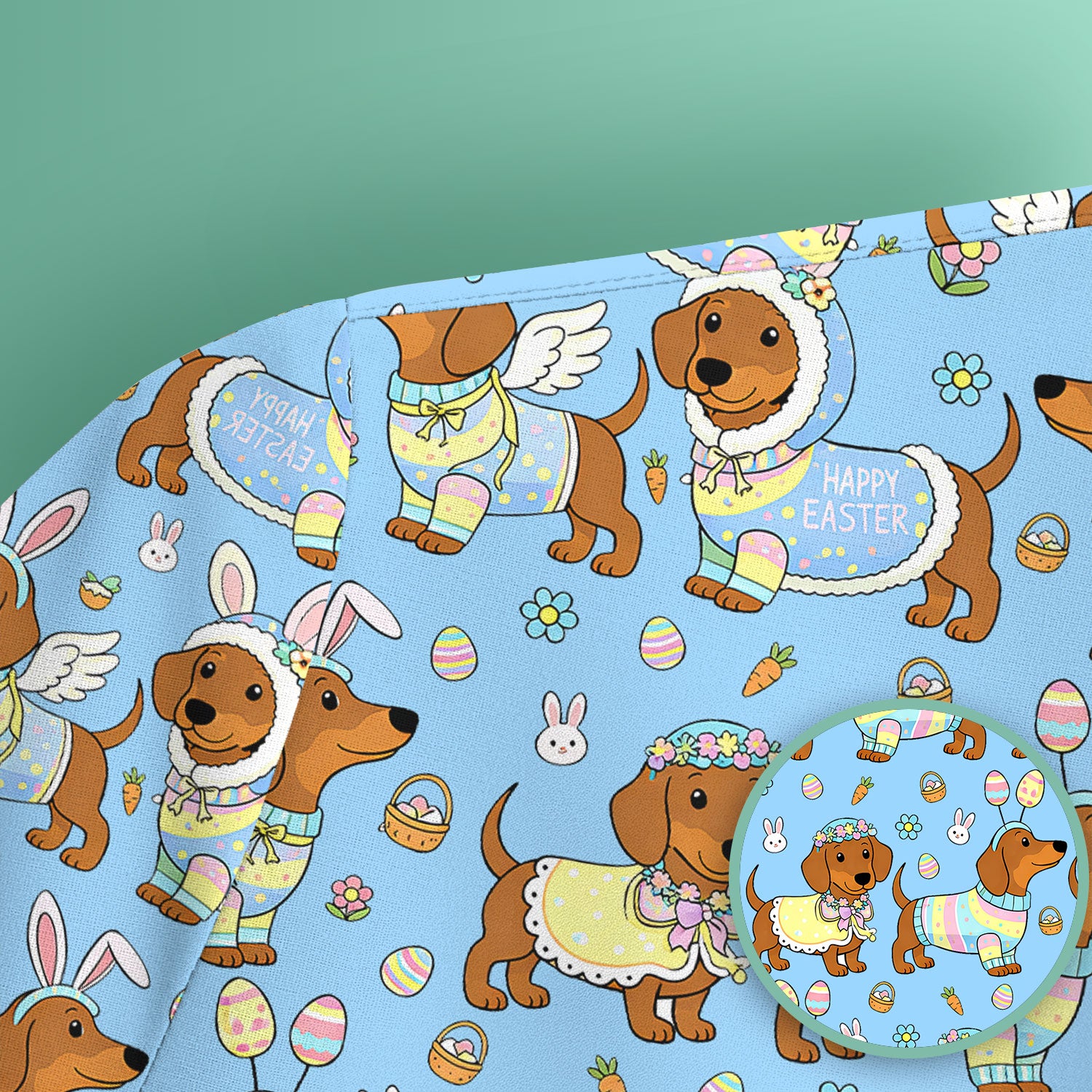 Easter Dachshund Bunny Print Scrub Top, Breathable Fabrics Nursing Uniform
