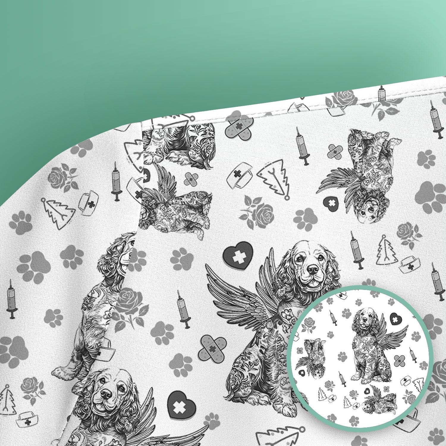 Toile De Jouy Scrubs for Nurses - Angel Puppy Medical Uniform - Floral Dog in Heaven Gift for Women, Vet Techs, RN CNA LPN