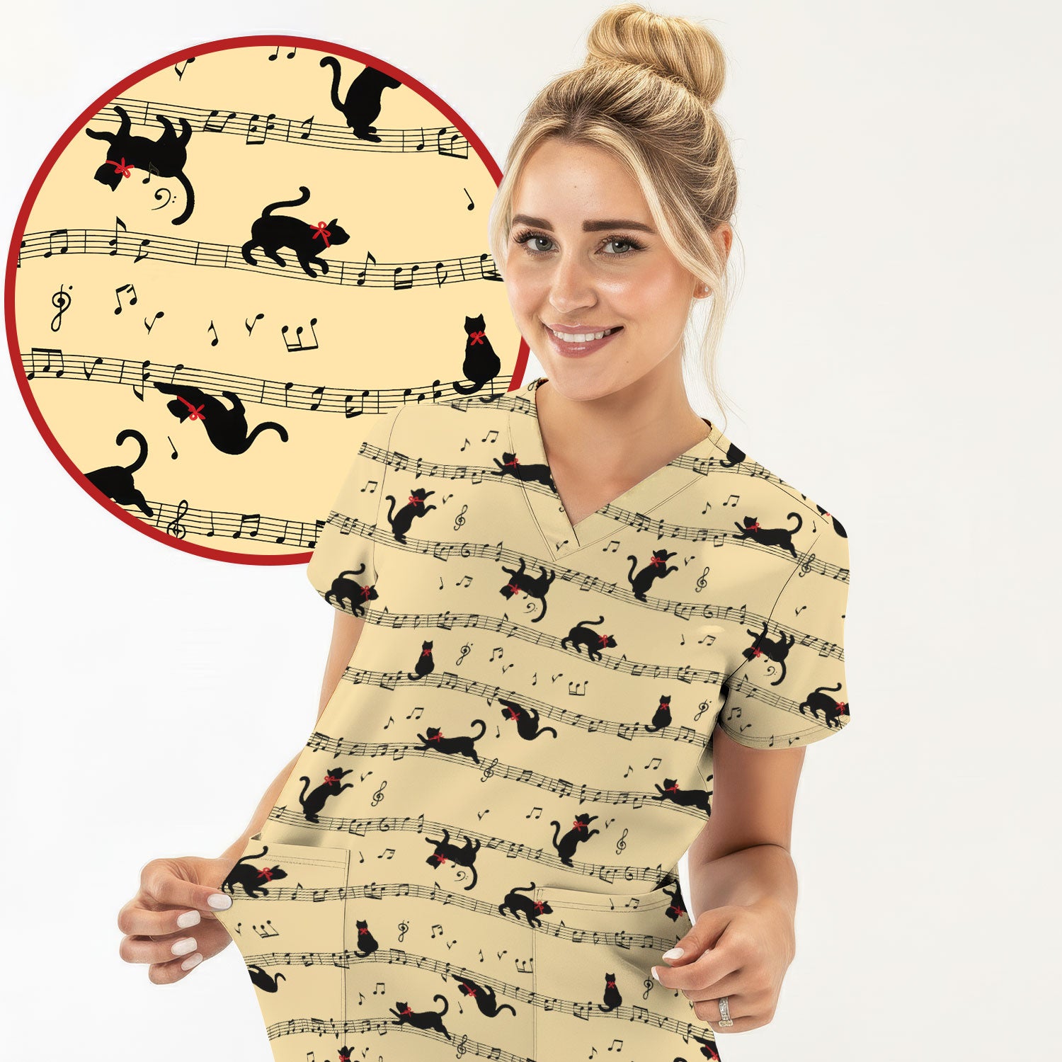 Cute Dancing Black Cat Music Staff Pattern Scrub Top, Comfortable Scrubs for Nurses
