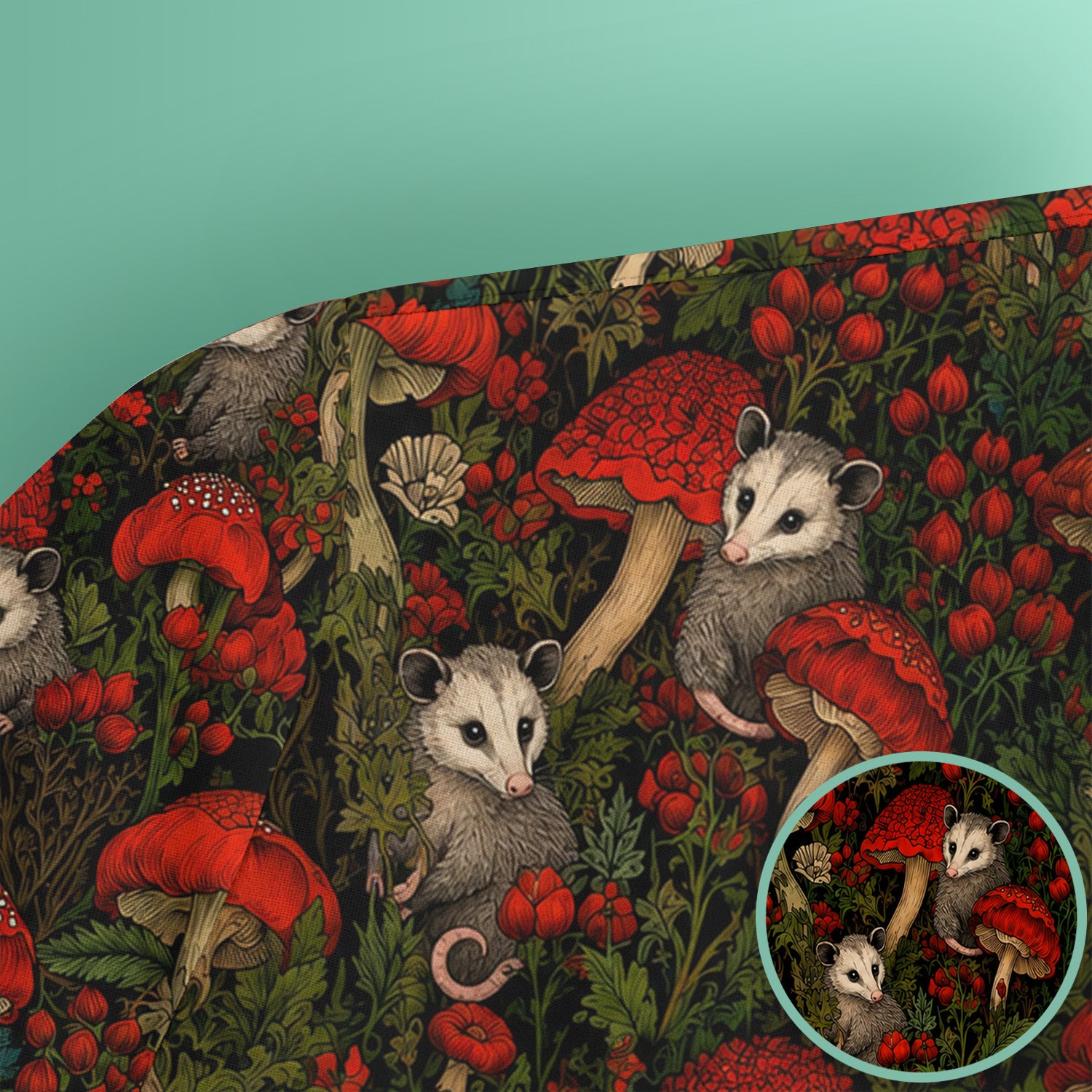 Woodland Opossum Red Mushroom Pattern Scrub Top, Comfortable Scrubs for Nurses