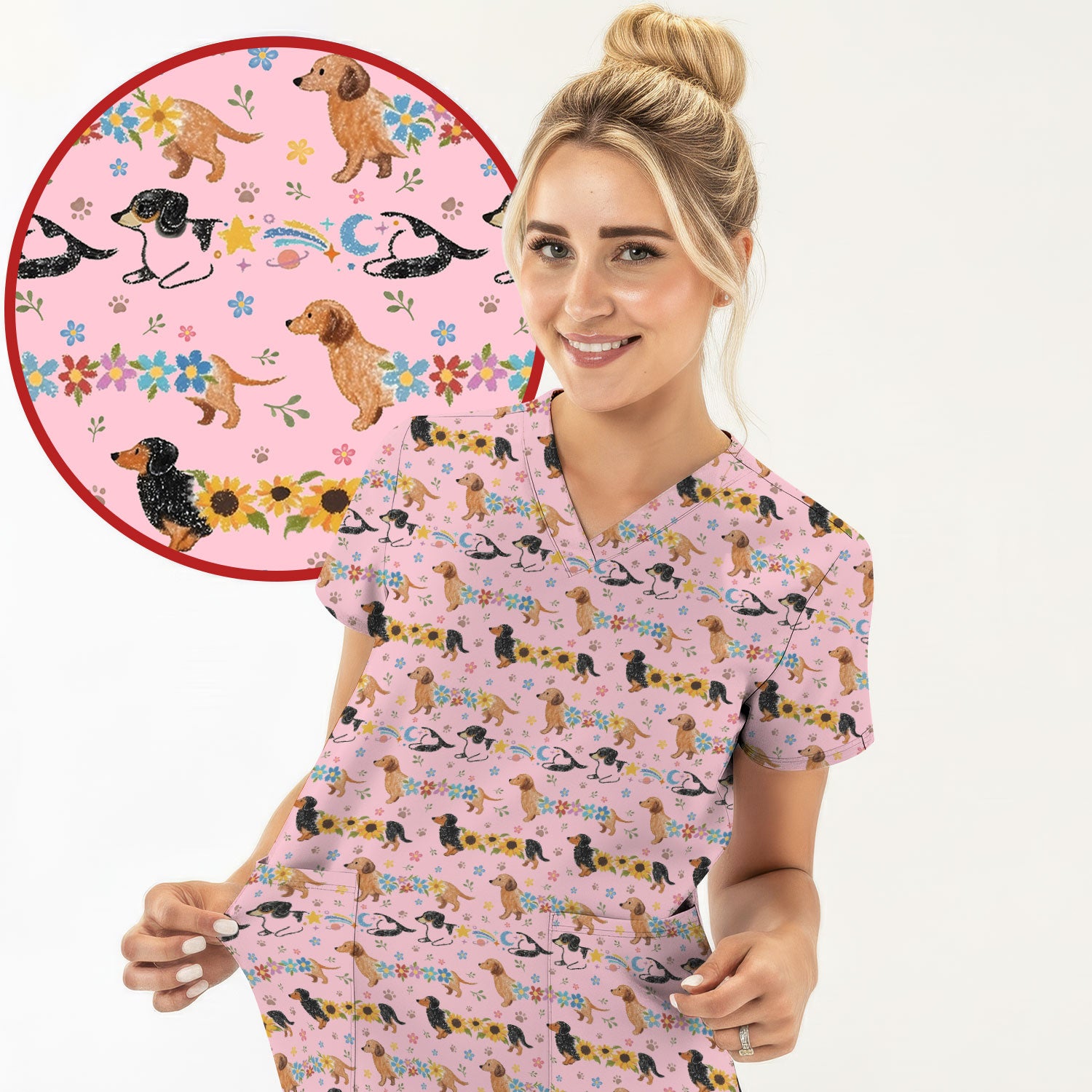 Floral Wiener Dog Pattern Scrub Top, Medical Scrubs for Nurses