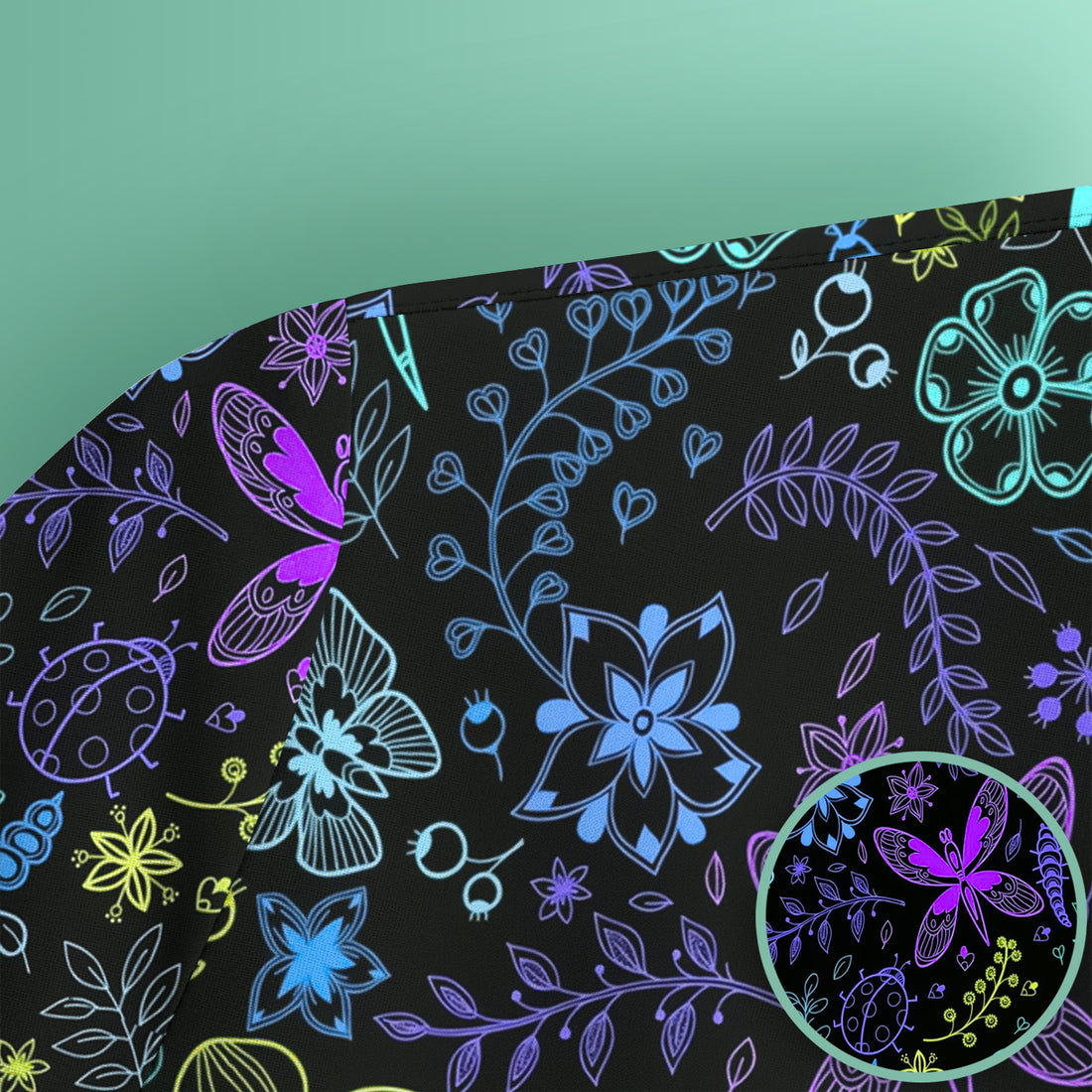 Neon Butterfly and Floral Garden Pattern Scrub Top, Comfortable Scrubs for Nurses