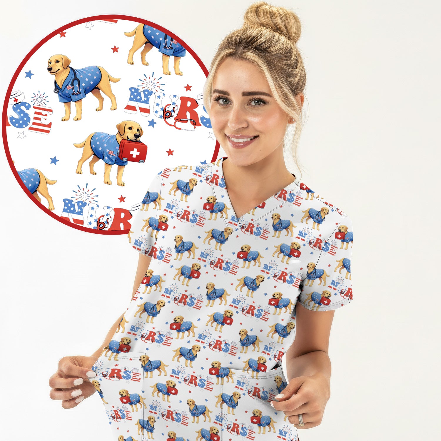 Patriotic Nurse Dog Medical Pattern Scrub Top, Breathable Fabrics Nursing Uniform
