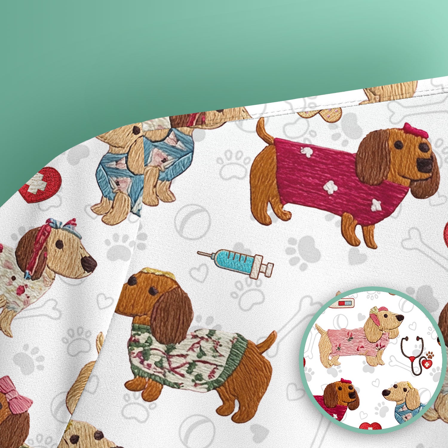 Cute Medical Wiener Dog Pattern Nurse Shirt, Dachshund Nursing Scrub Top, Breathable Fabrics Nursing Uniform