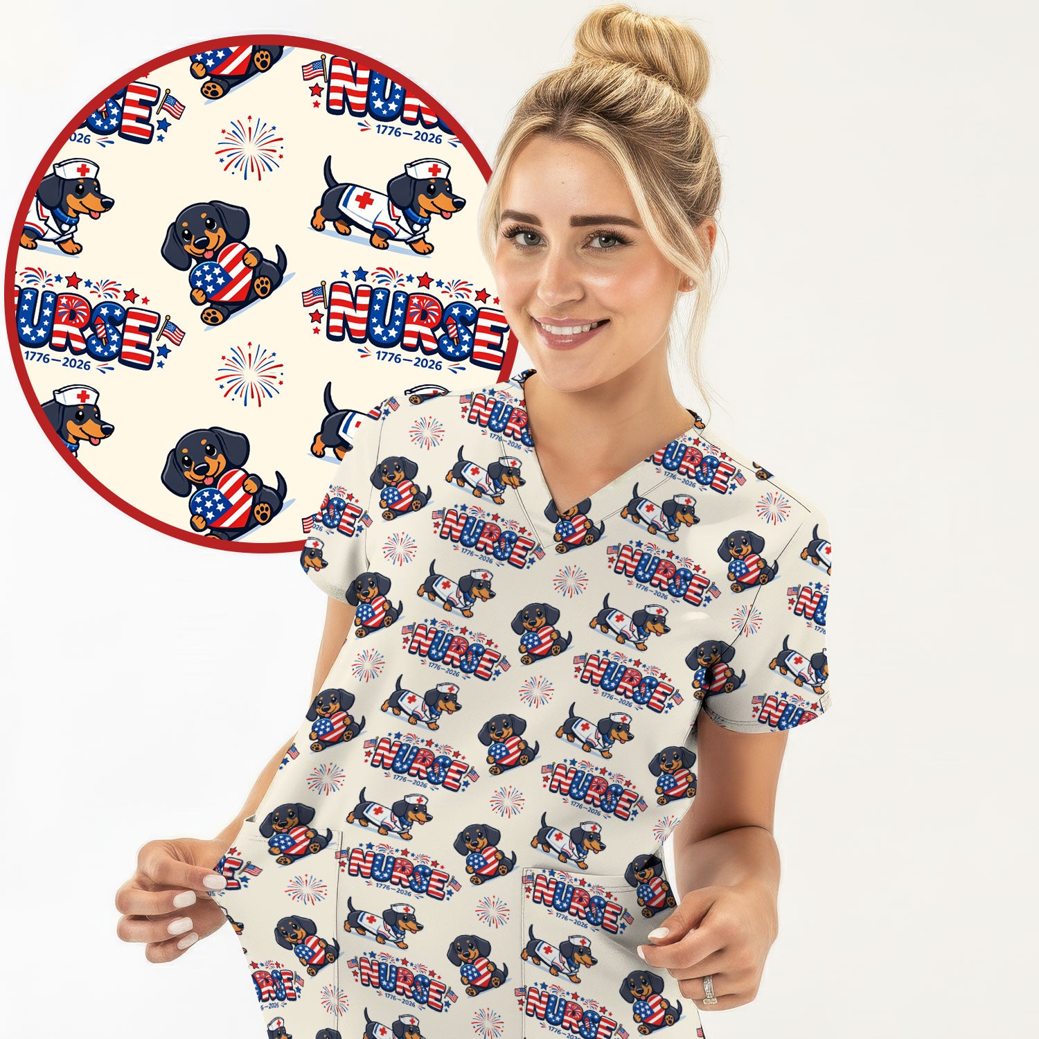 Proud Nurse Patriotic Dachshund Medical Firework Pattern Scrub Top, Comfortable Scrubs for Nurses