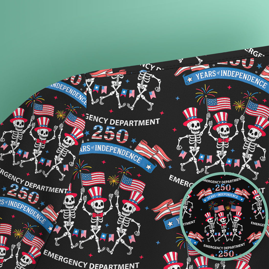 Patriotic Skeleton 250 Years ER Print Scrub Top, Breathable Fabrics Nursing Uniform