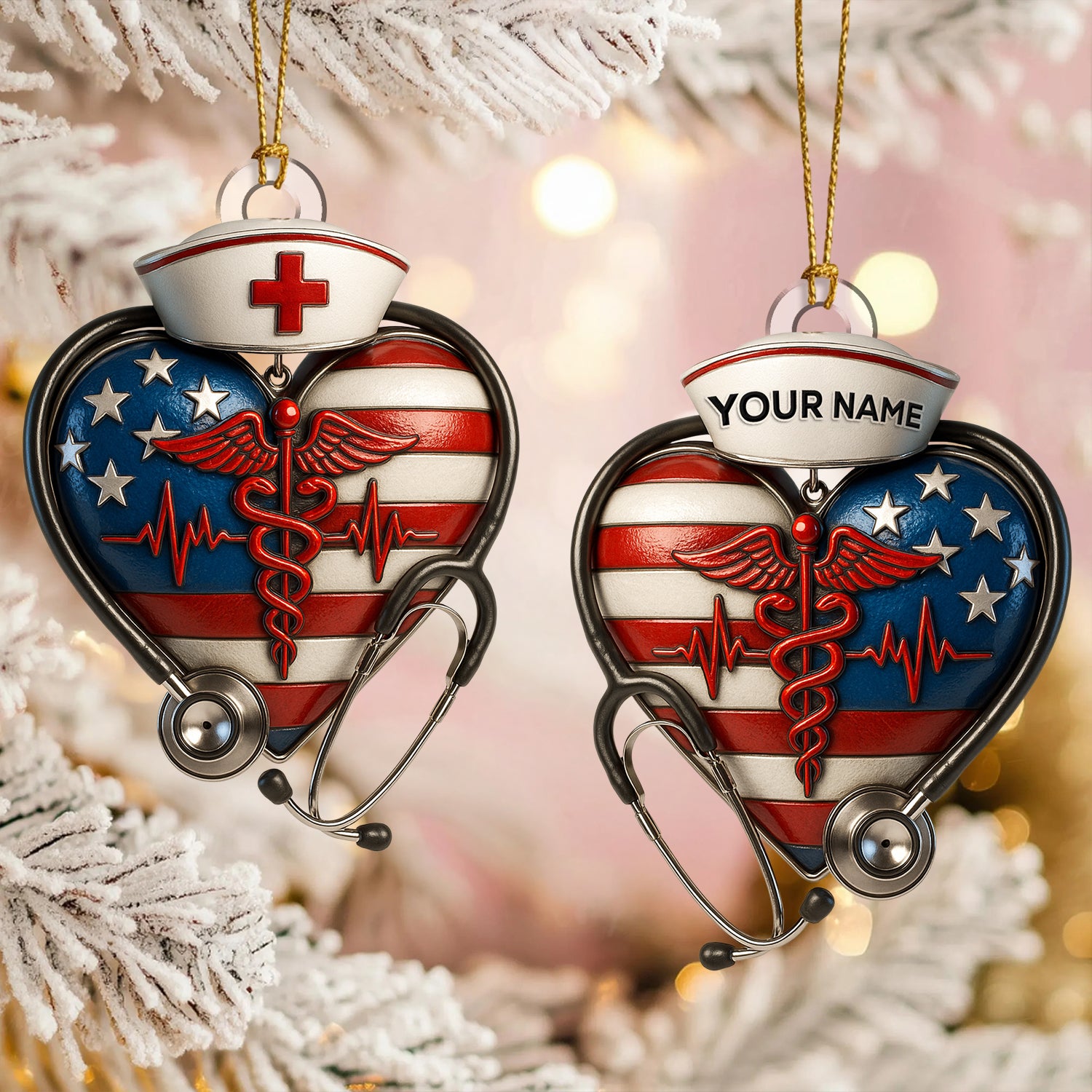 Personalized Nurse Heart Ornament, Custom Name USA Flag Medical Ornament, Healthcare Worker Christmas Tree Decor, Nurse & Doctor Holiday Gift
