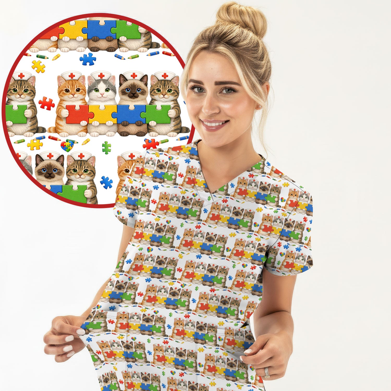 Autism Awareness Nurse Scrub Top, Cat Autism Pattern Nurses Shirt, Comfortable Uniform Scrubs For Nursing