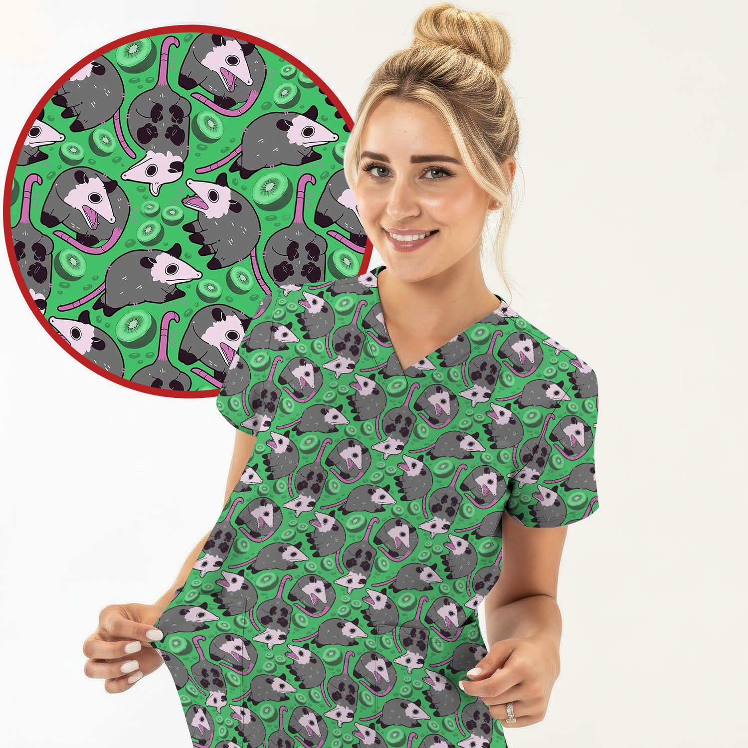 Funny Opossum Kiwi Scrub Top, Quirky Cartoon Animal Nursing Uniform