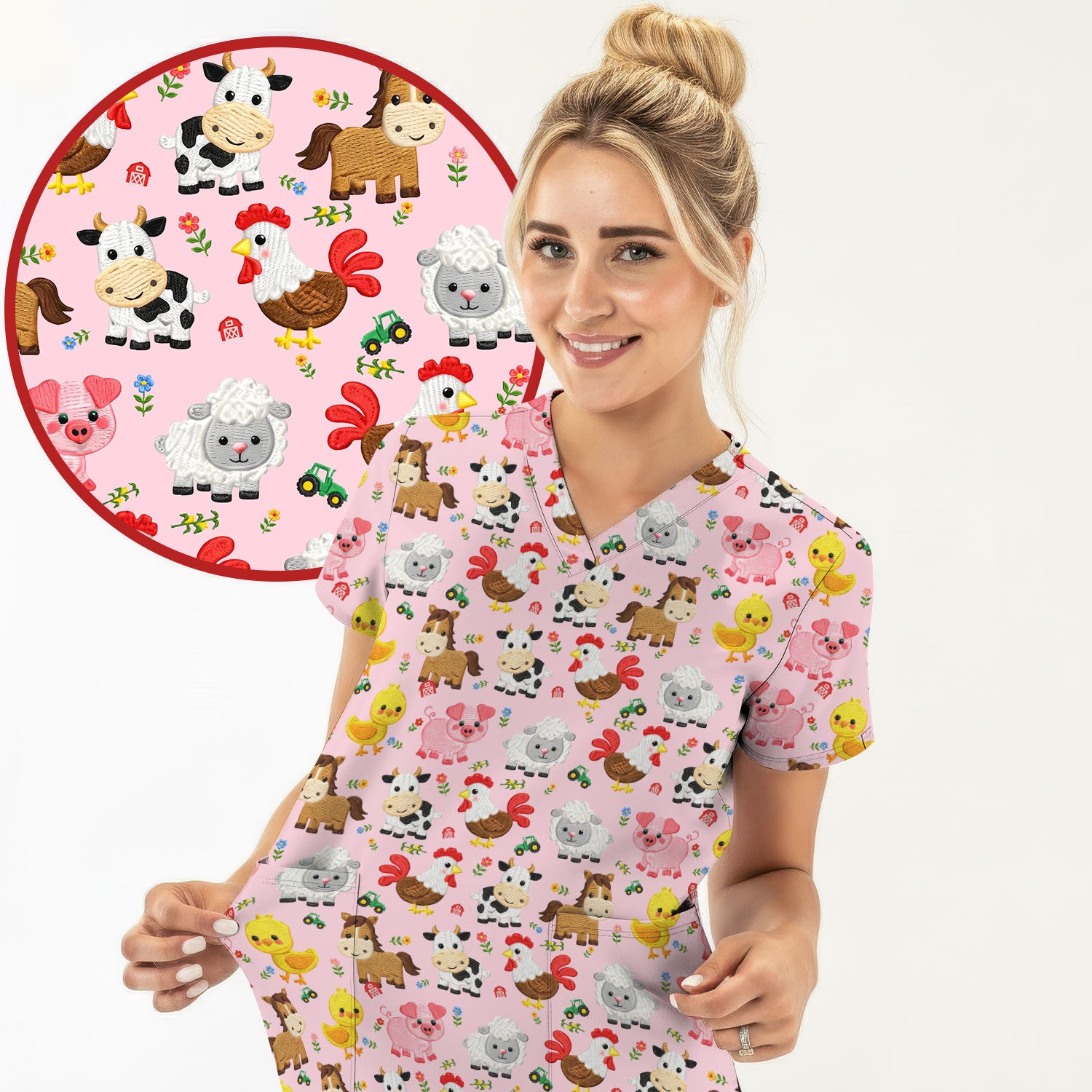 Cartoon Farm Animal Pattern Scrub Top, Breathable Fabrics Nursing Uniform