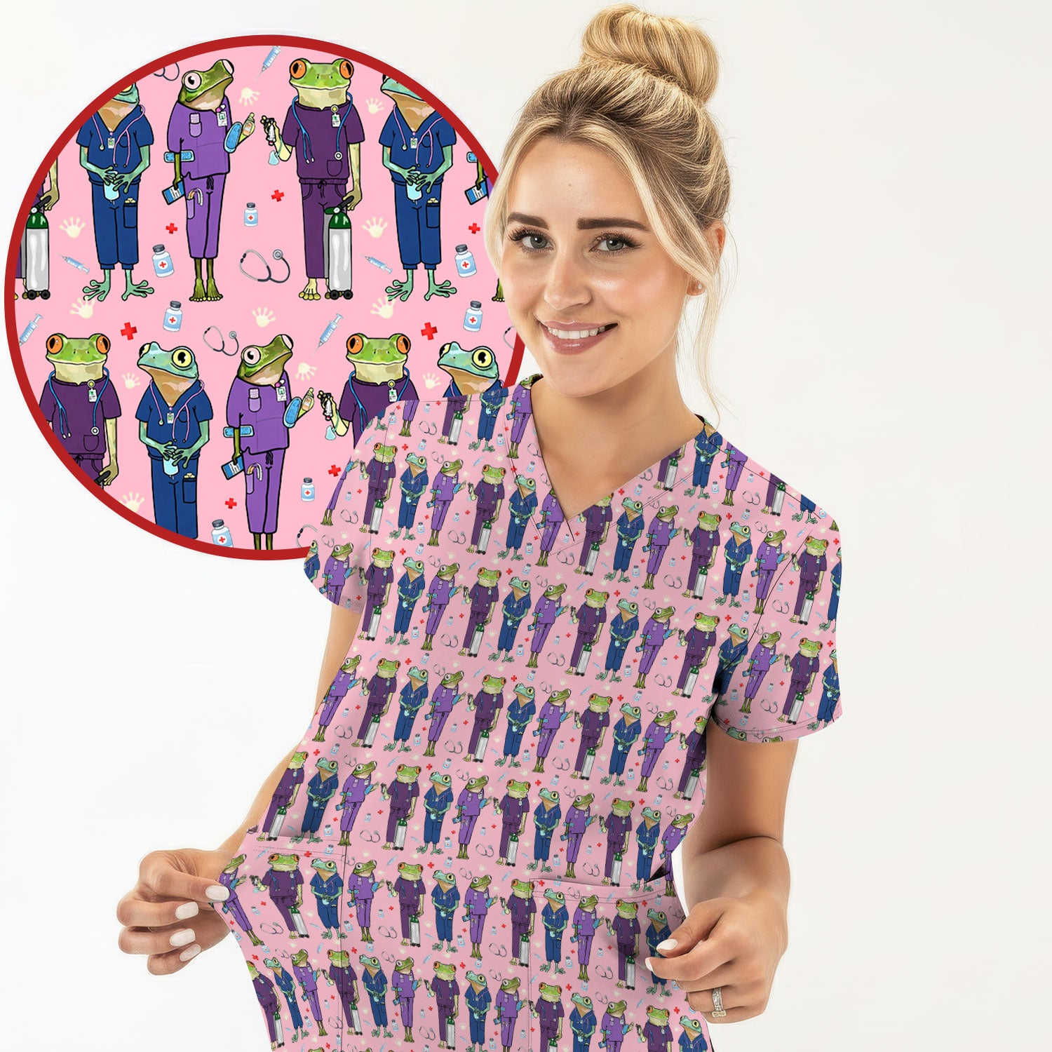 Funny Frog Nurse Pattern Scrub Top, Breathable Healthcare Uniform Top