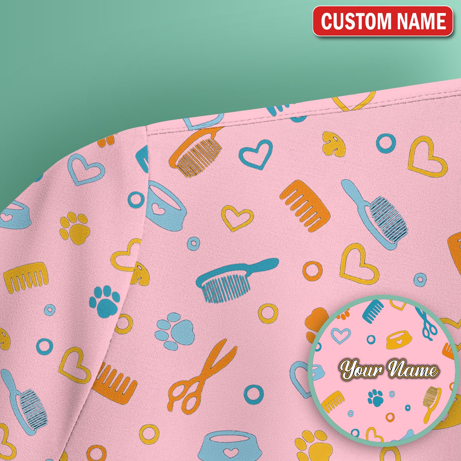 Custom Name Dog Cat Grooming Pattern Scrub Top, Breathable Fabrics Nursing Uniform