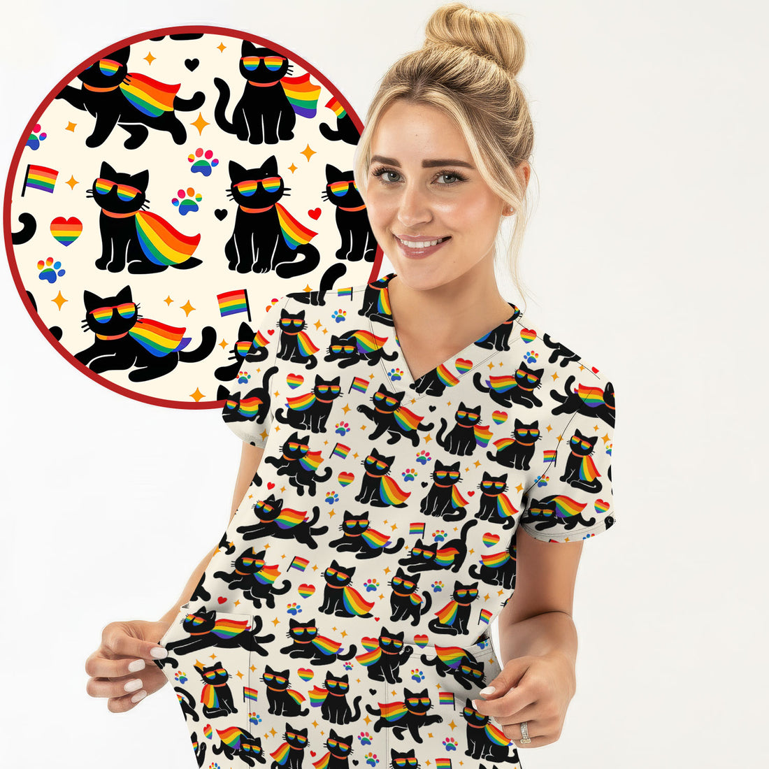 Rainbow Black Cat Pride Pattern Scrub Top, Breathable Fabrics Nursing Uniform