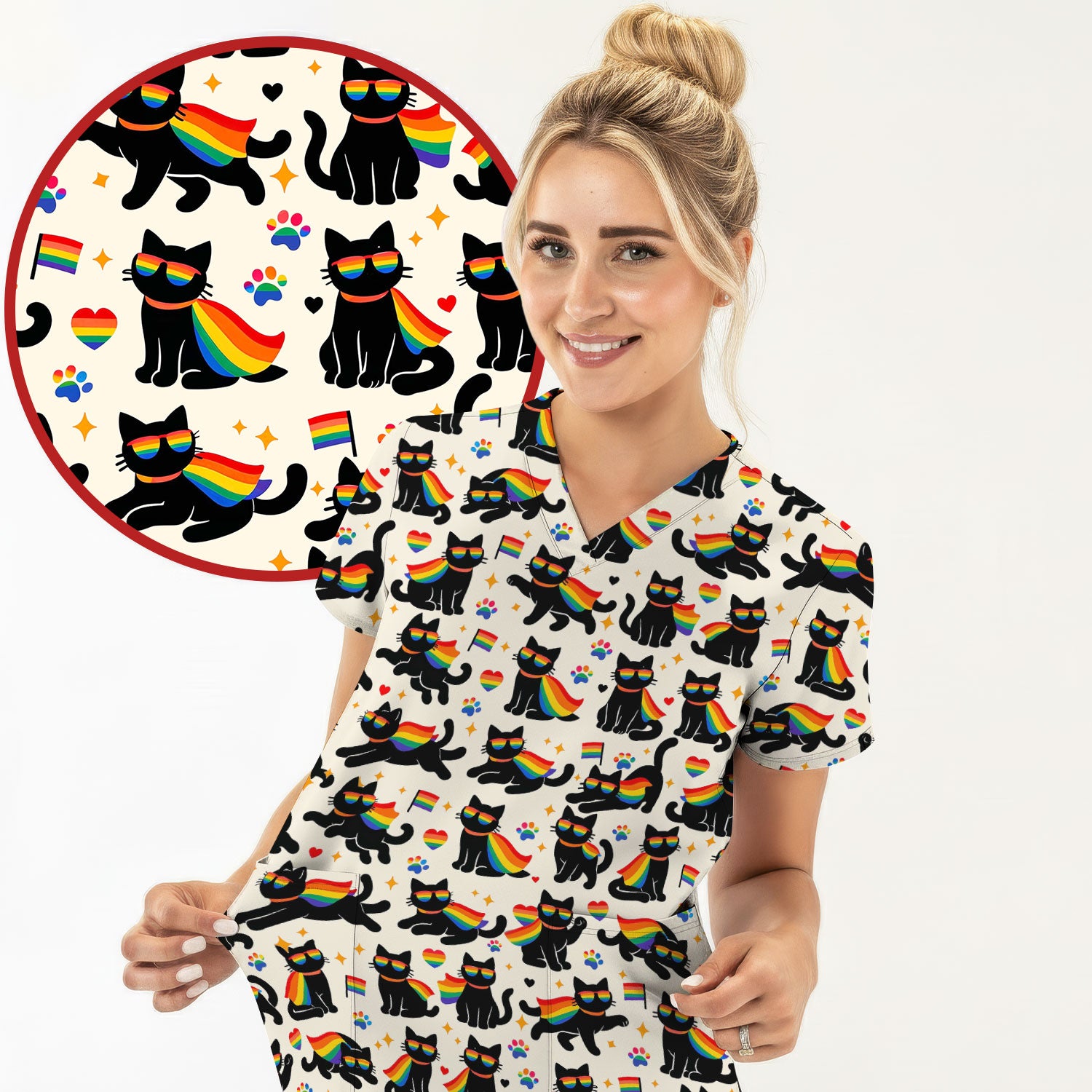Rainbow Black Cat Pride Pattern Scrub Top, Breathable Fabrics Nursing Uniform