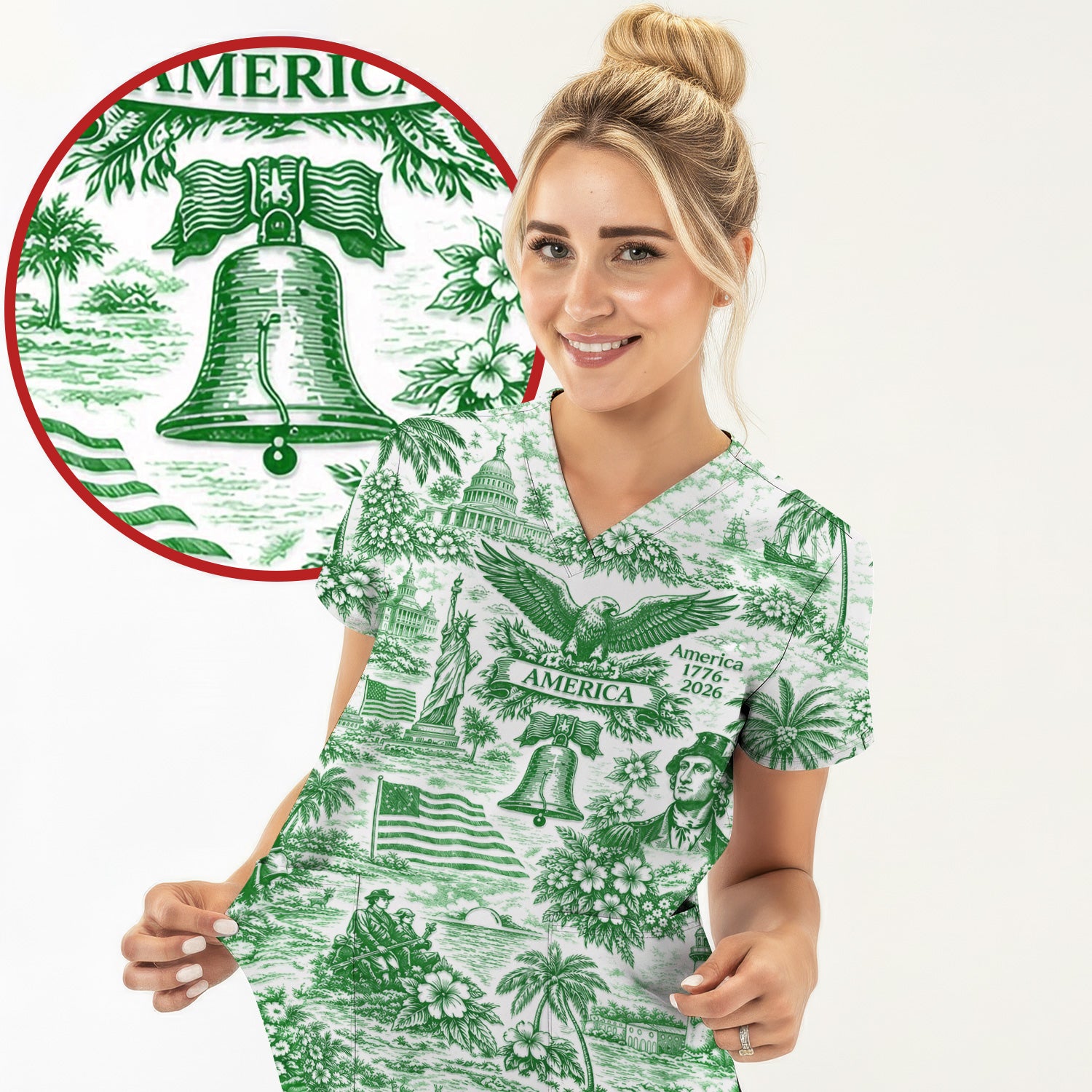 Patriotic America Heritage Toile Pattern Scrub Top, Breathable Fabrics Nursing Uniform