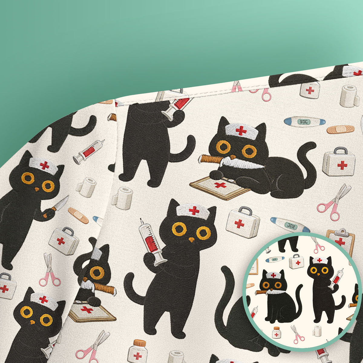 Cute Black Cat Nurse Pattern Scrub Top, Comfortable Scrubs for Nurses