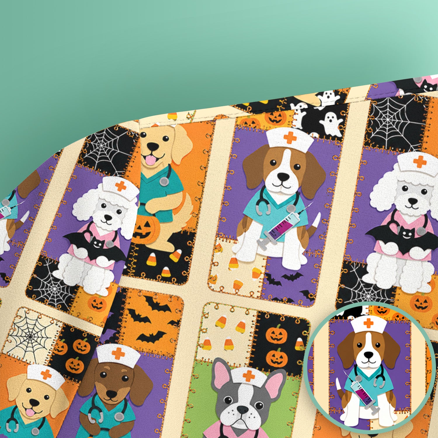 Spooky Halloween Dog Veterinary Scrub Top, Comfortable Scrubs for Nurses