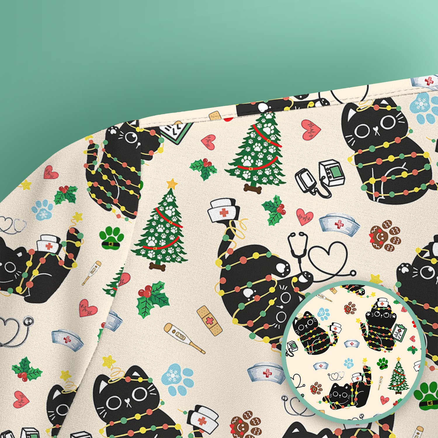 Funny Black Cat Christmas Scrub Top – Cute Holiday Kitty Pattern – Festive Medical Uniform for Nurses, Vets, and Cat Lovers