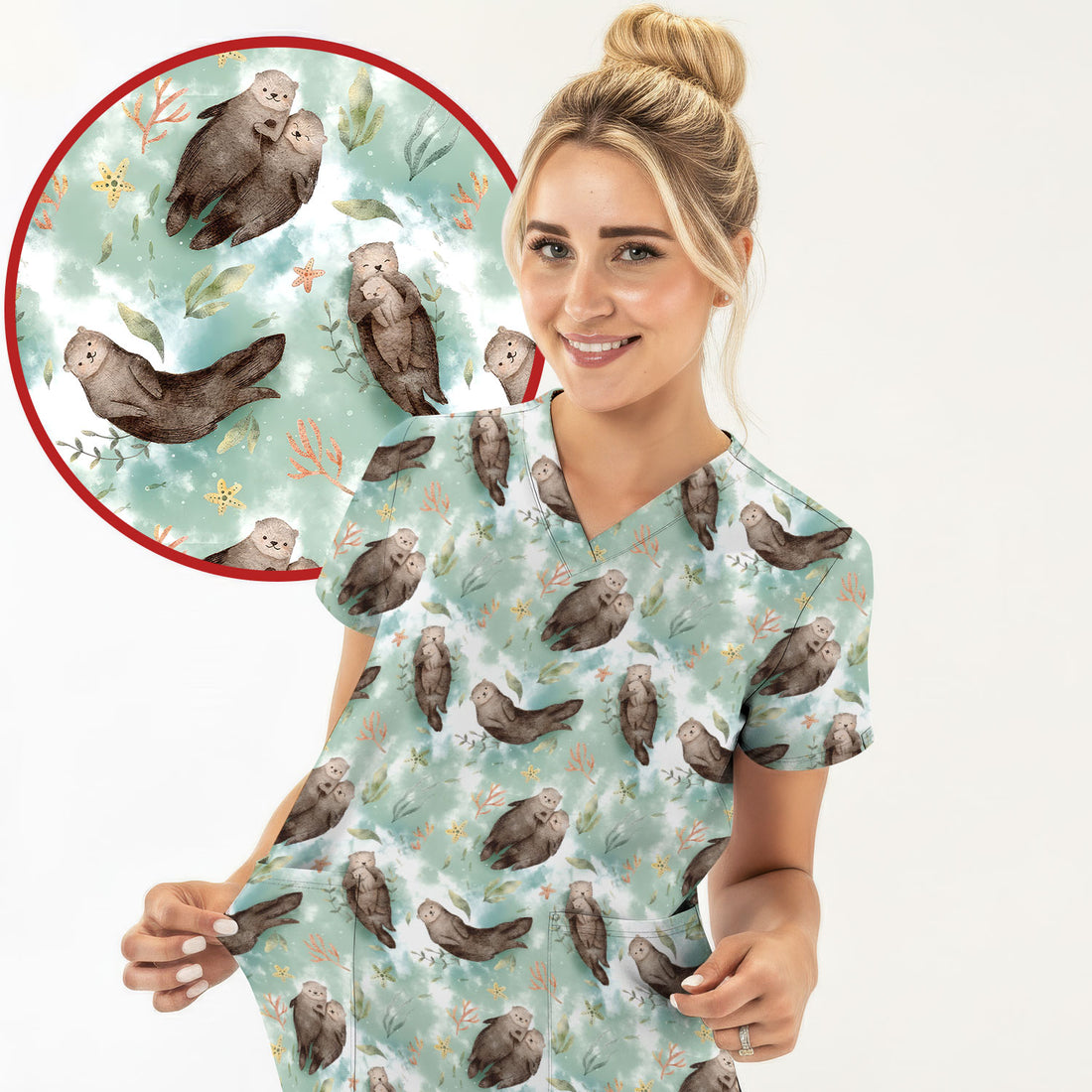 Cute Sea Otter Watercolor Print Scrub Top for Women, Breathable Nursing Uniform