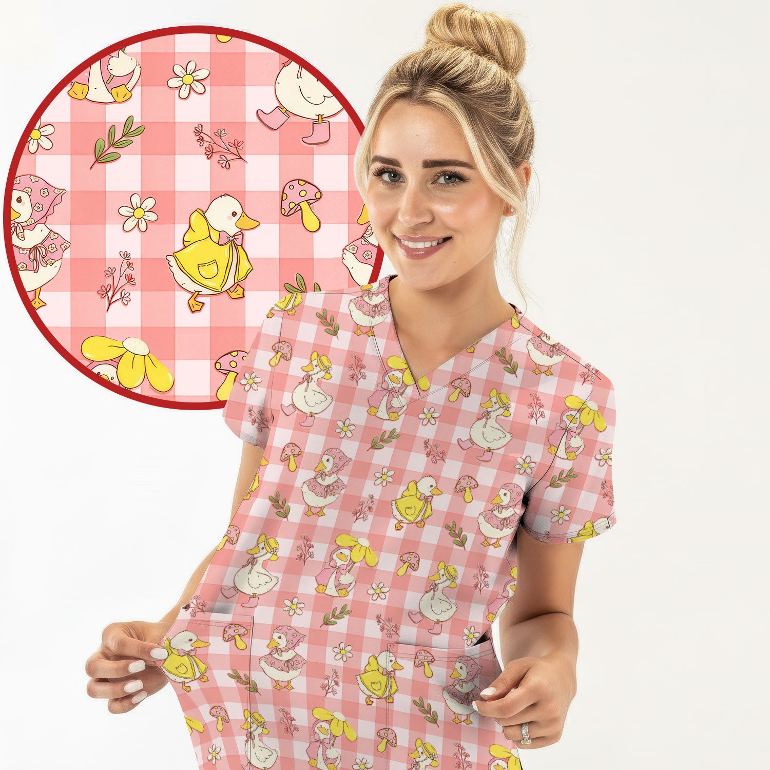 Cute Duck Outfit Gingham Pattern Scrub Top, Comfortable Scrubs for Nurses