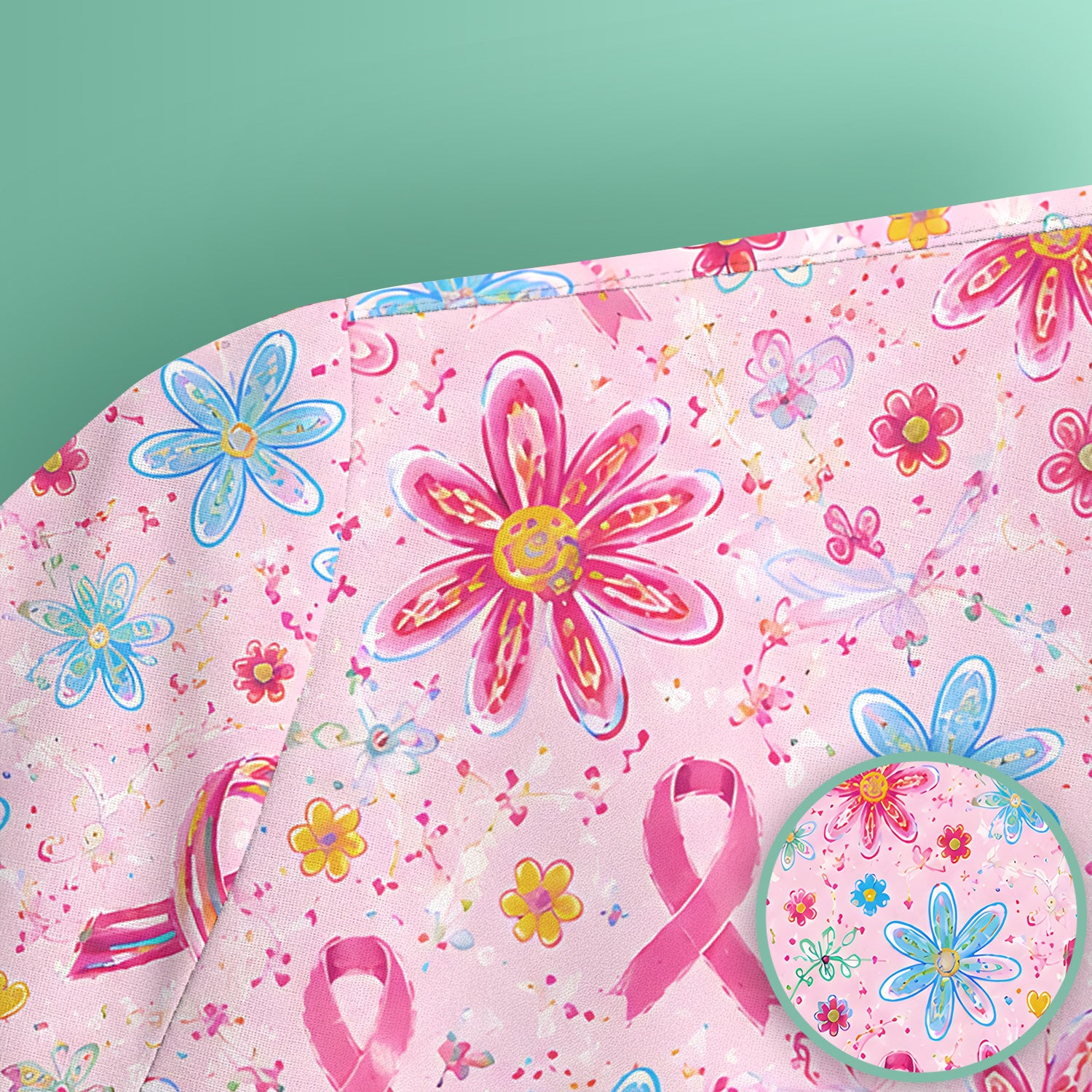 Floral Breast Cancer Awareness Print Scrub Top, Comfortable Scrubs for Nurses