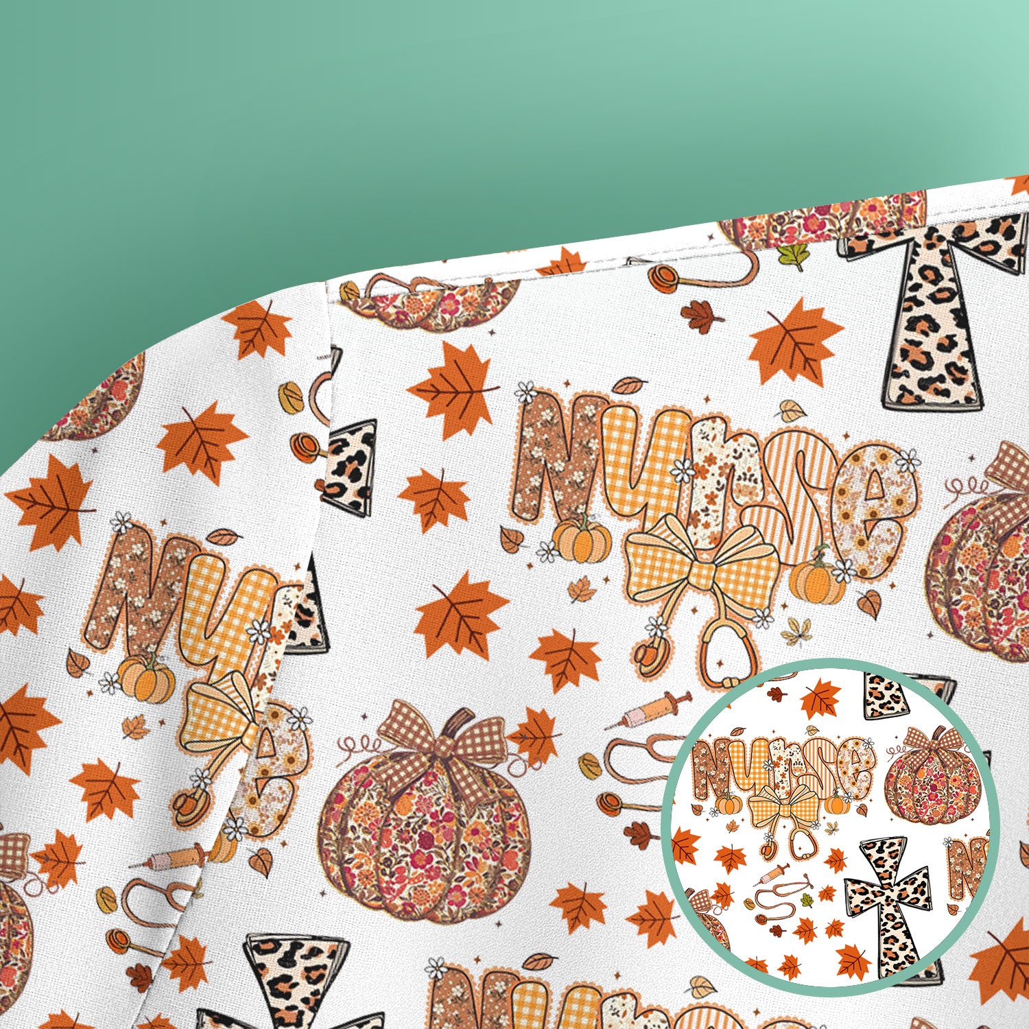 Floral Pumpkin Scrub Top for Women - Coquette Bow Thanksgiving Shirt - Comfortable Medical Uniform