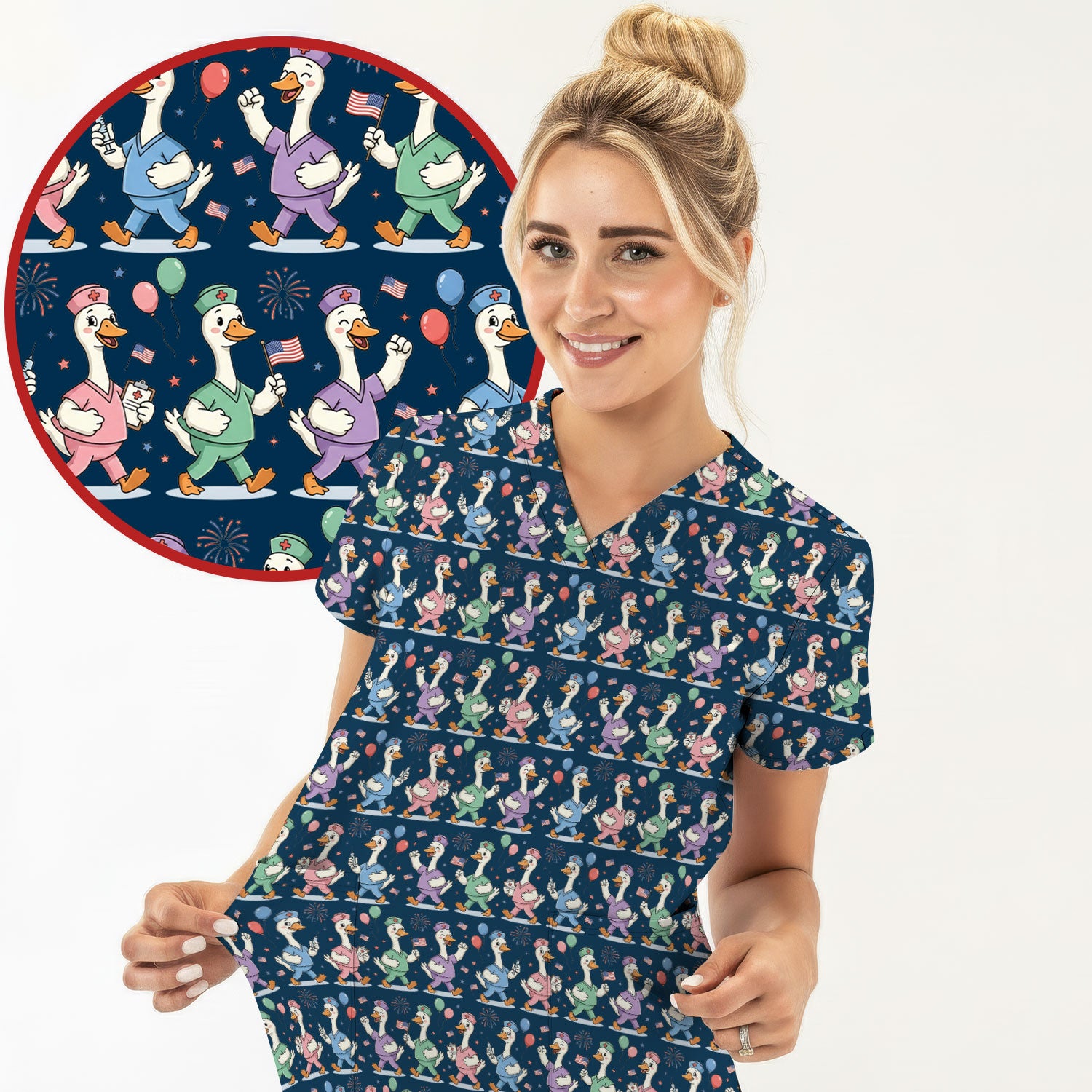 Cute Nurse Ducks Balloons Pattern Scrubs Top, Breathable Fabrics Nursing Uniform