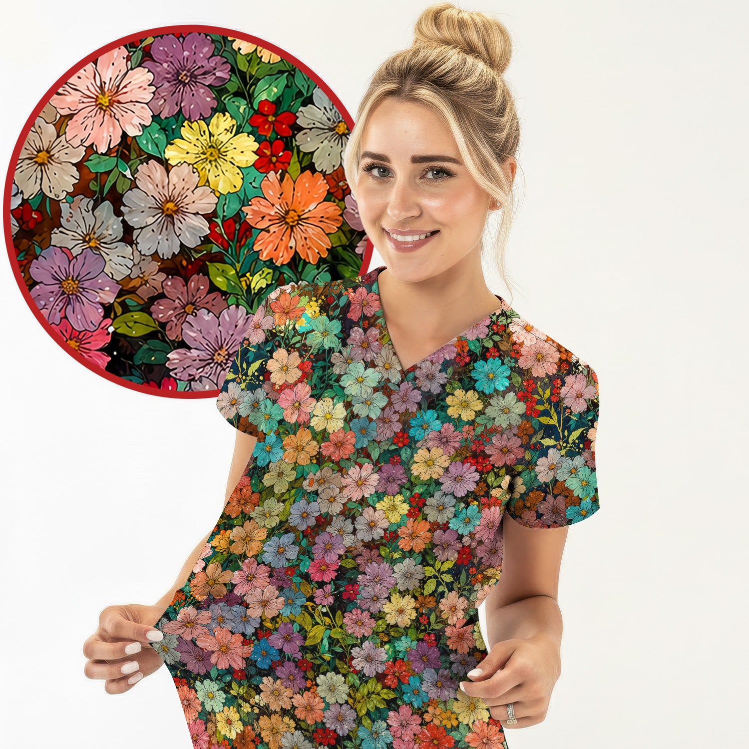 Colorful Wildflower Garden Bloom Pattern Scrub Top, Comfortable Scrubs for Nurses