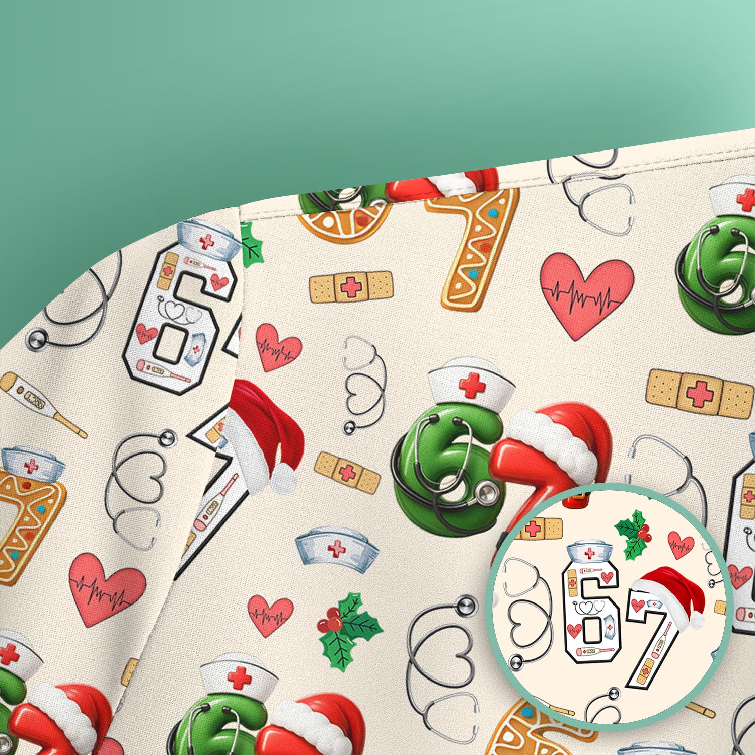 Christmas Nurse 67 Pattern Scrub Top, Cute Holiday Medical Shirt With Santa Hat, Uniform For Nursing