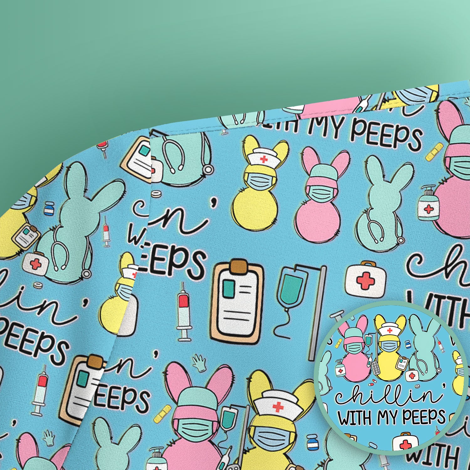 Cute Bunny Nurse Chillin With My Peeps Scrub Top, Comfortable Scrubs for Nurses, Easter