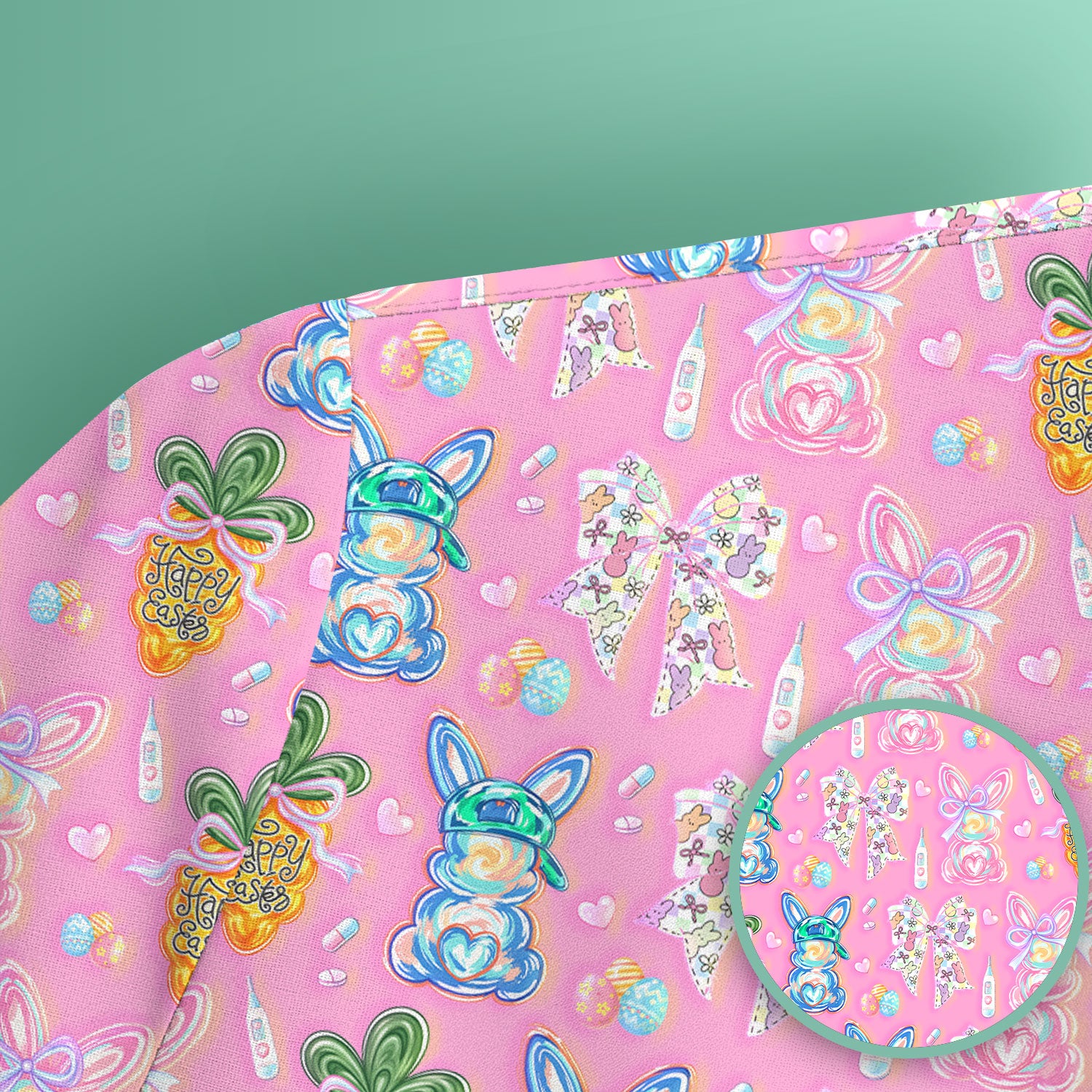 Easter Bunny Carrot Bow Floral Print Scrub Top, Comfortable Scrubs for Nurses