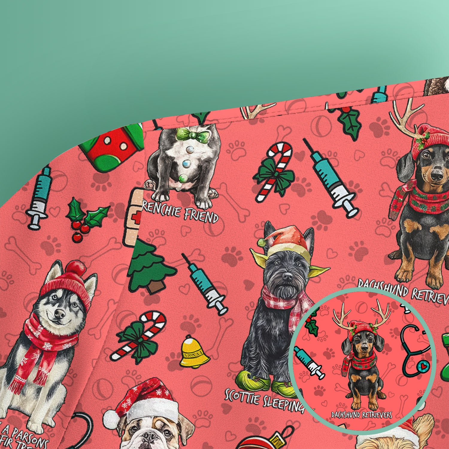 Cute Christmas Dog Scrubs for Nurses - Corgi, Dachshund, Husky, Poodle & Labrador - Funny Holiday Medical Scrub Top for Women