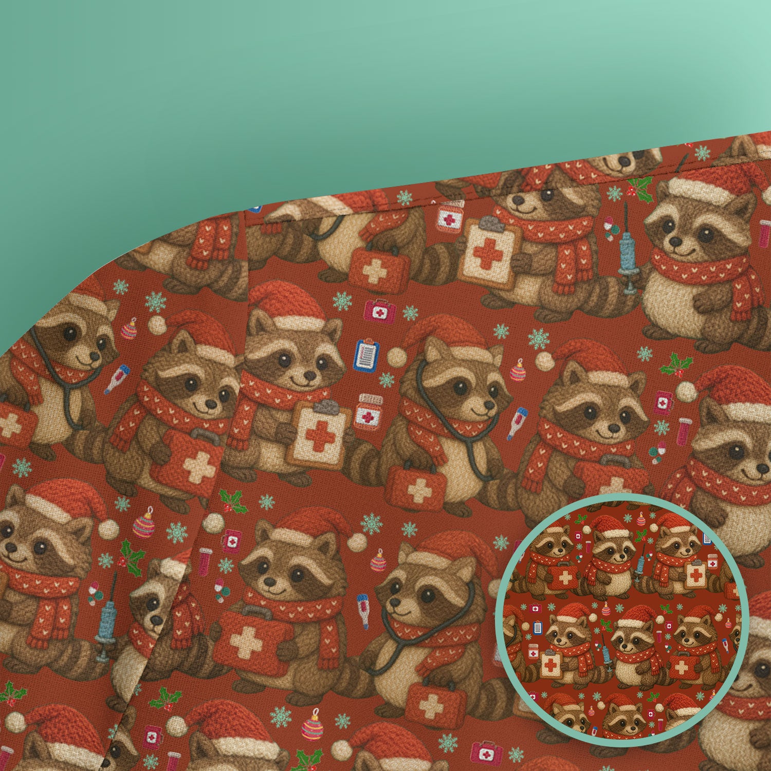Christmas Scrub Top – Nurse Raccoon Pattern Shirt – Cute Medical Uniform For Nursing