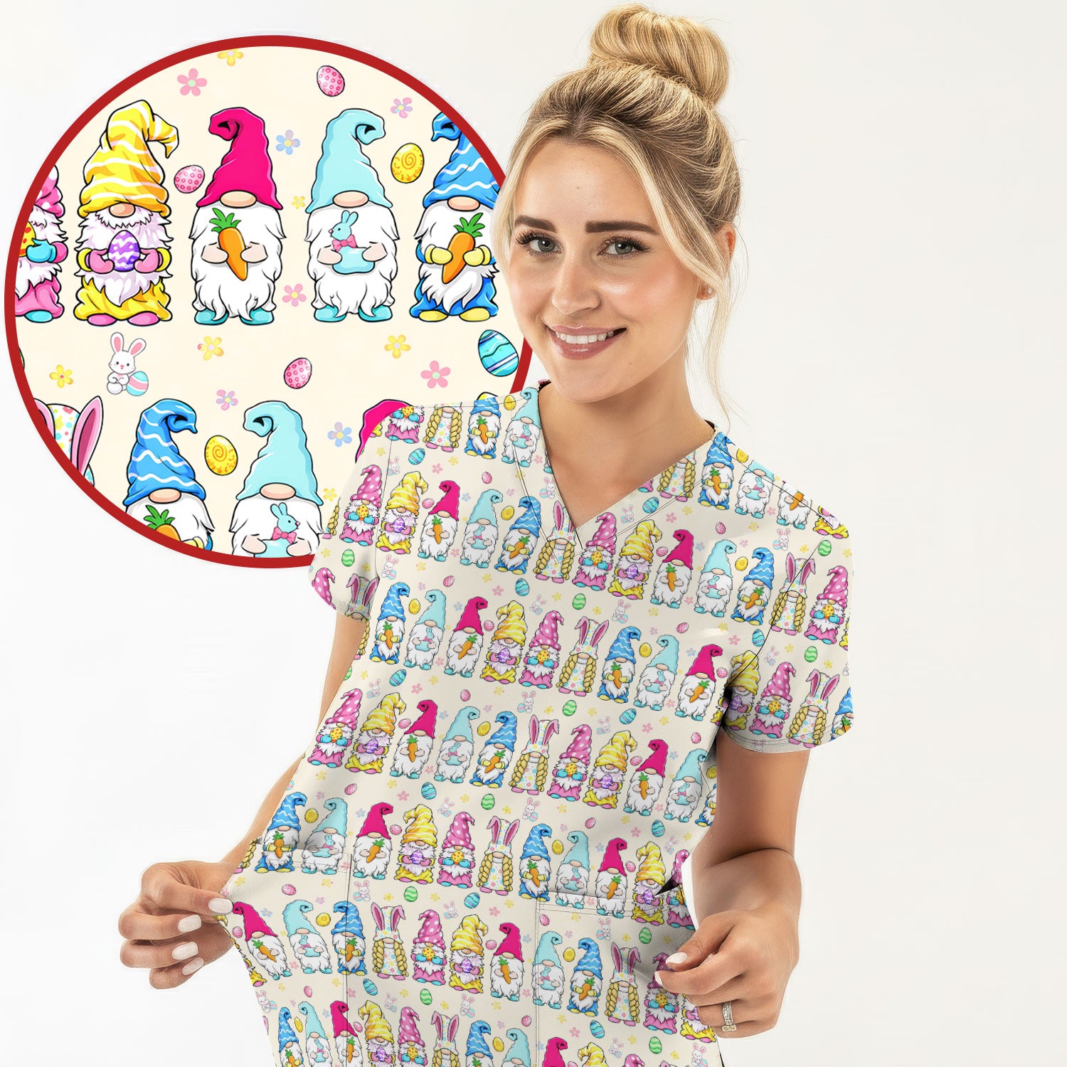 Colorful Easter Gnome Bunny Eggs Print Scrub Top, Comfortable Scrubs for Nurses