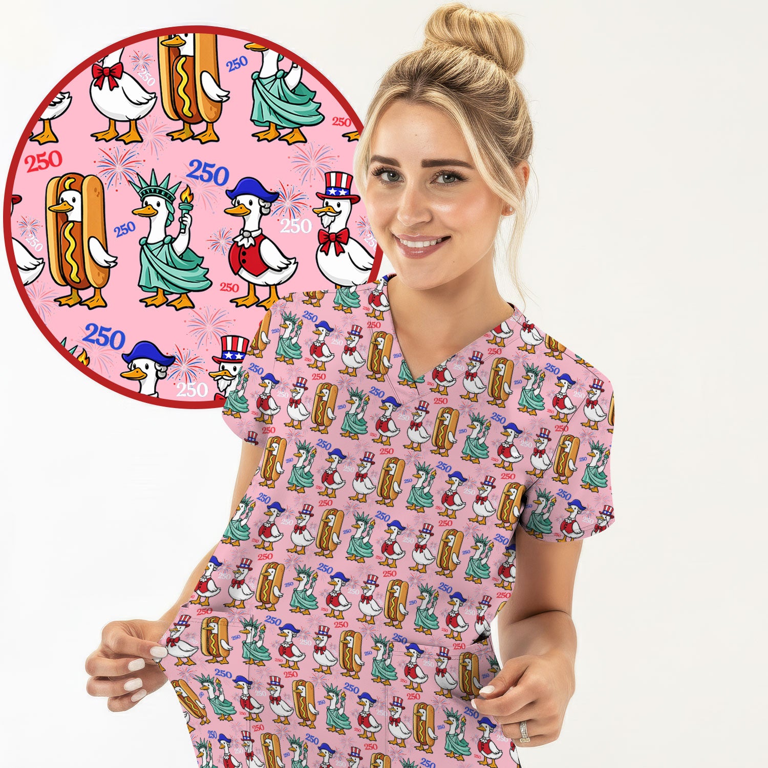Patriotic Duck Independence Day Pattern Scrub Top, Breathable Healthcare Uniform Top