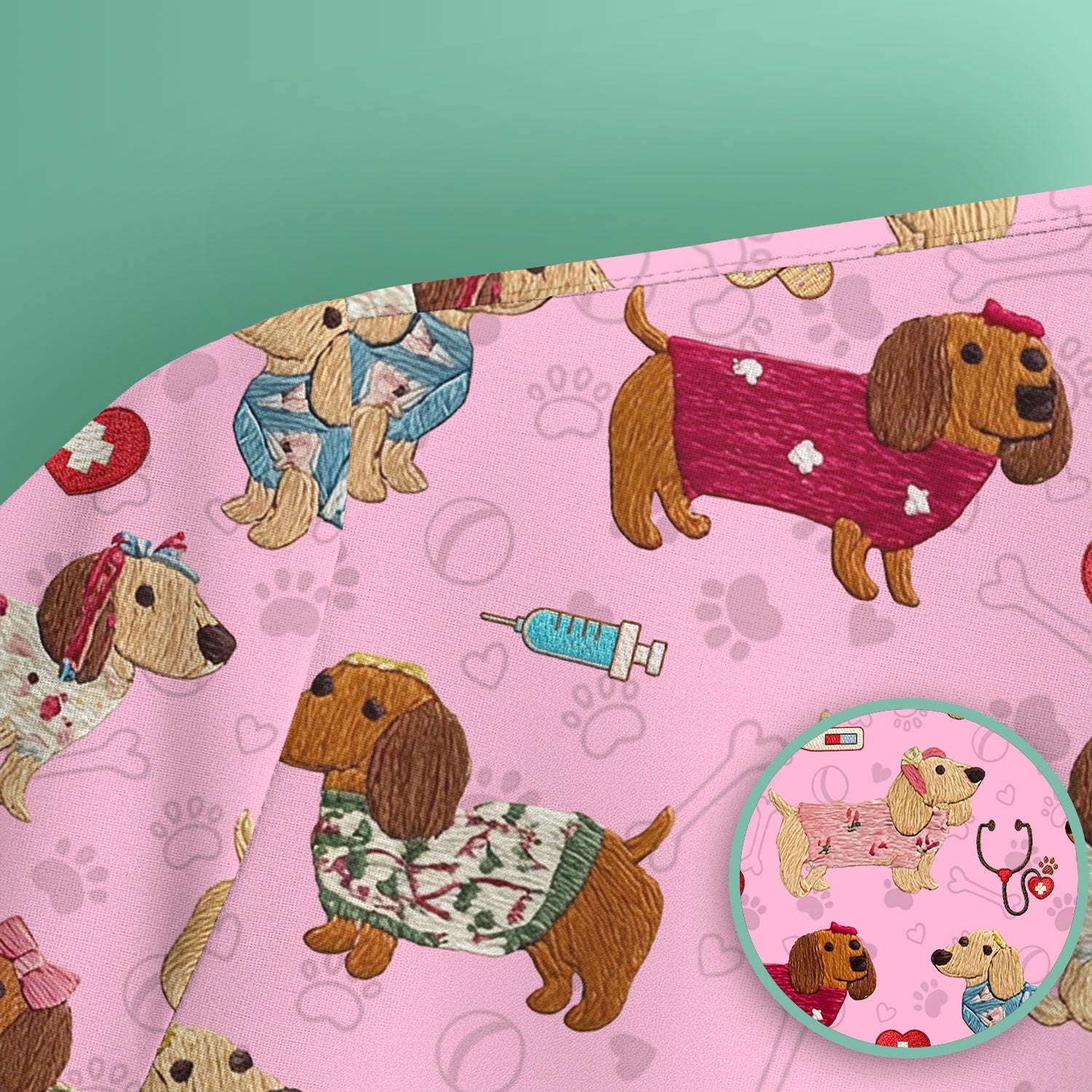 Cute Medical Wiener Dog Pattern Nurse Shirt, Dachshund Nursing Scrub Top, Breathable Fabrics Nursing Uniform