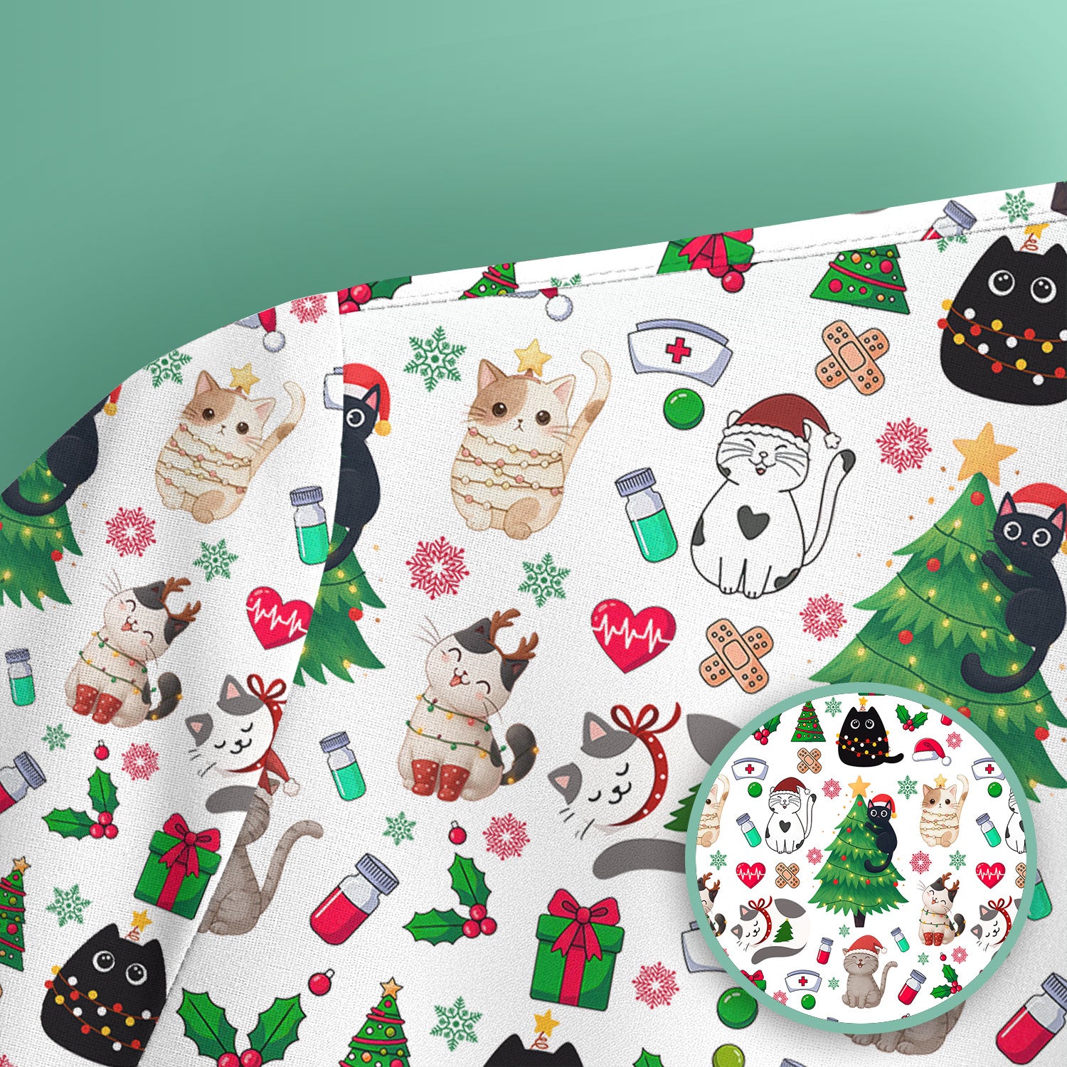 Christmas Cat Scrub Top, Xmas Pet Pattern Scrub Shirt, Breathable Fabrics Nursing Uniform