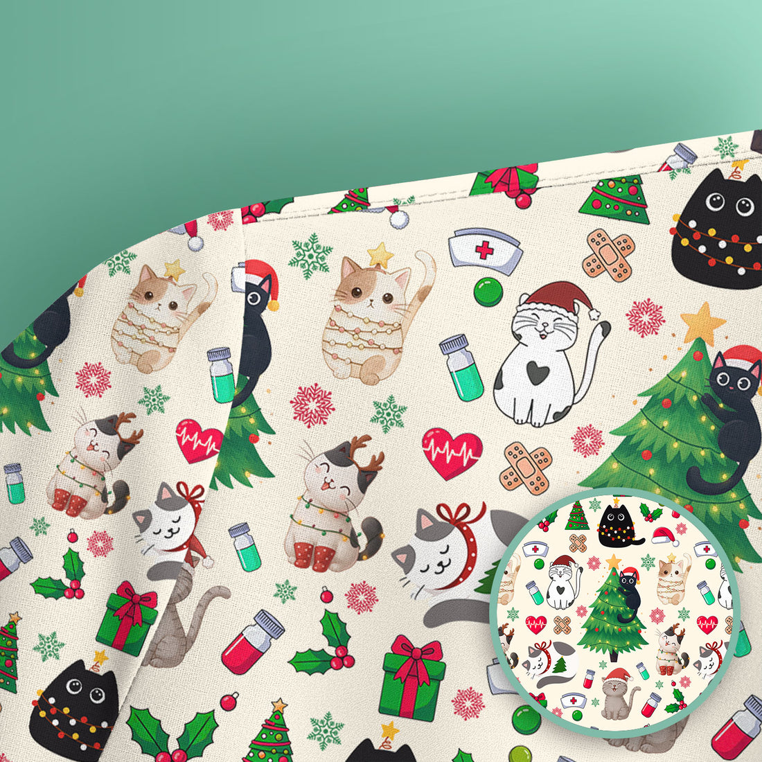 Christmas Cat Scrub Top, Xmas Pet Pattern Scrub Shirt, Breathable Fabrics Nursing Uniform