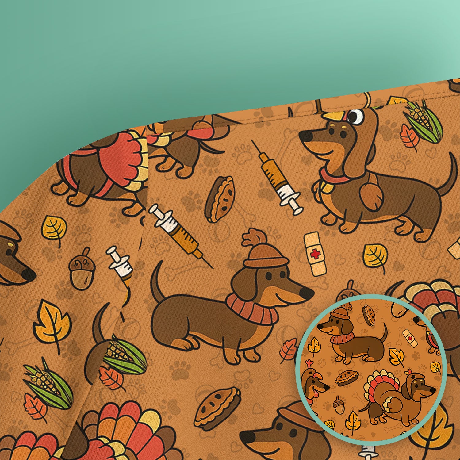 Thanksgiving Dachshund Scrubs Top - Cute Dog Turkey Medical Uniform Shirt for Nurses - Funny Holiday Gift