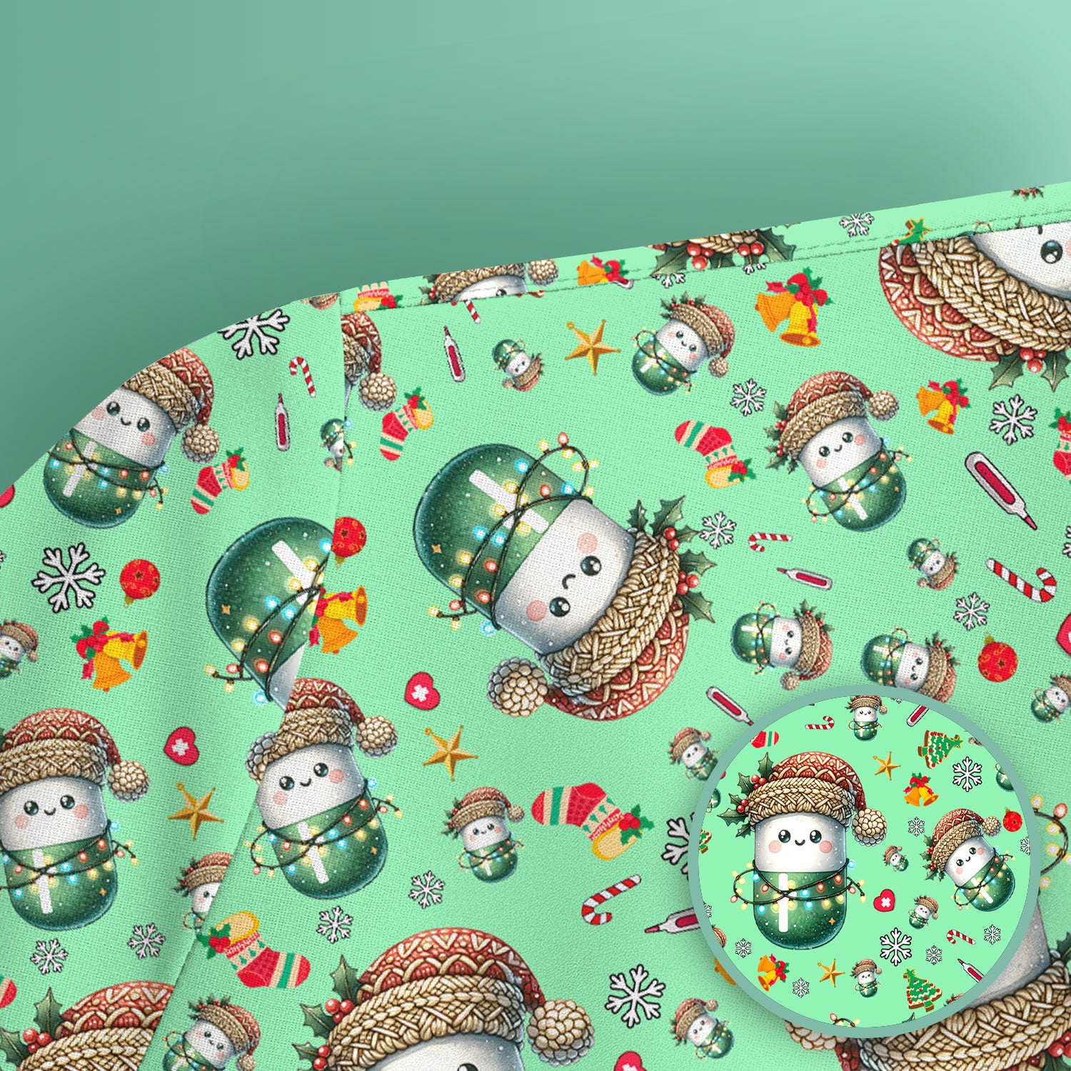 Pharmacy Tech Christmas Scrub Top – Cute Green Snowman Print Nurse Outfit – Funny Holiday Medical Uniform for Pharmacists