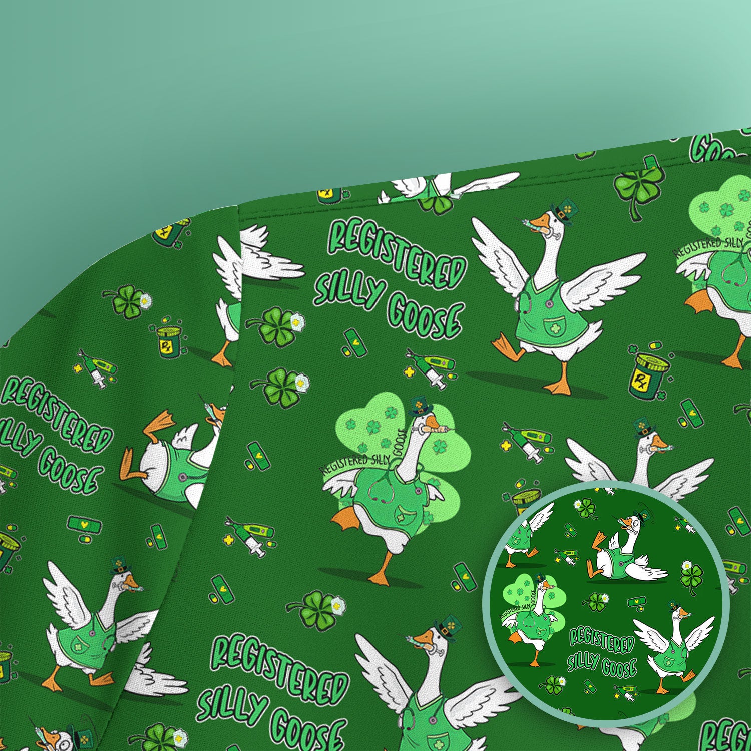 Silly Goose St. Patrick’s Day Scrub Top, Funny Goose Shamrock Pattern Nurse Scrub Shirt, Irish Green Nursing Uniform