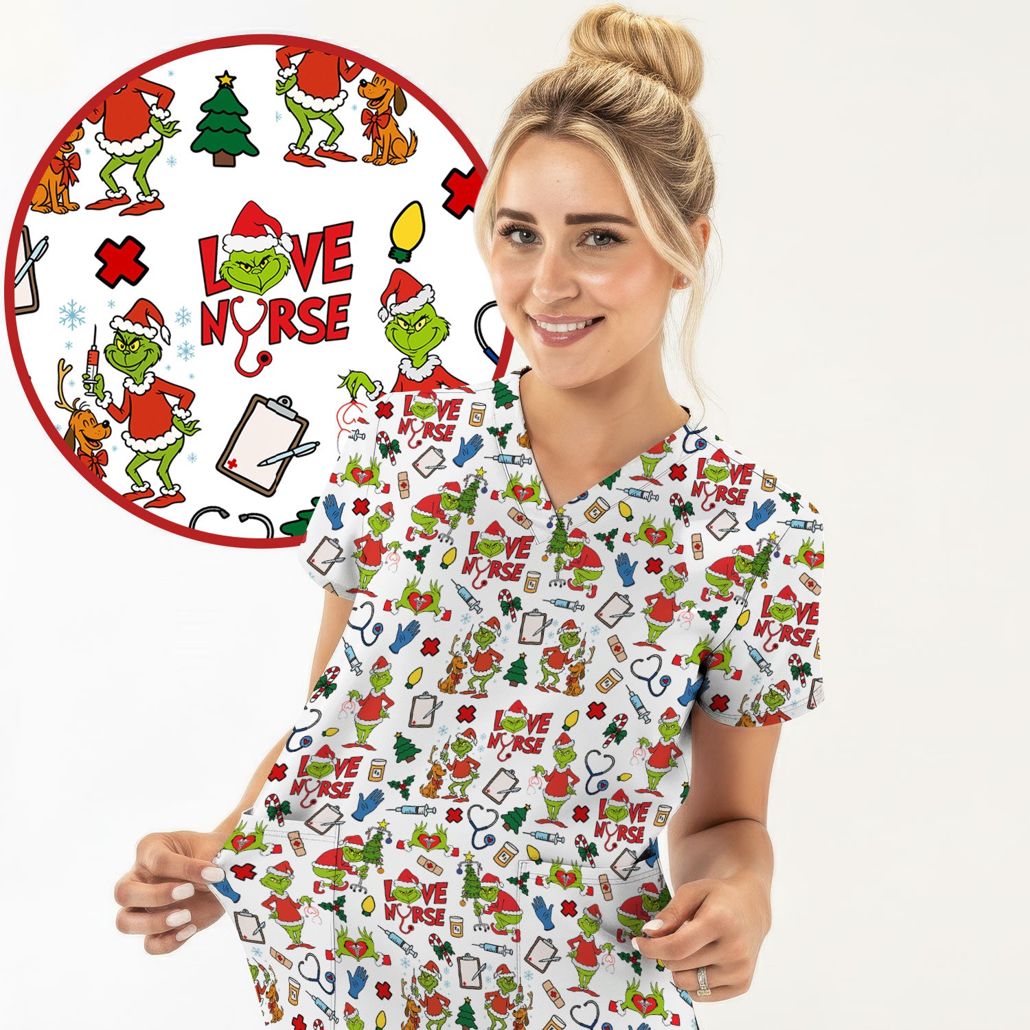Funny Grinch Love Nurse Scrub Top - Multi Color Christmas Scrub Shirt - Cute Holiday Nursing Workwear with Pockets for Women